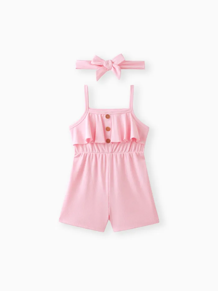 Toddler Girl Button Design Flounce Belted Solid Color Cami Romper