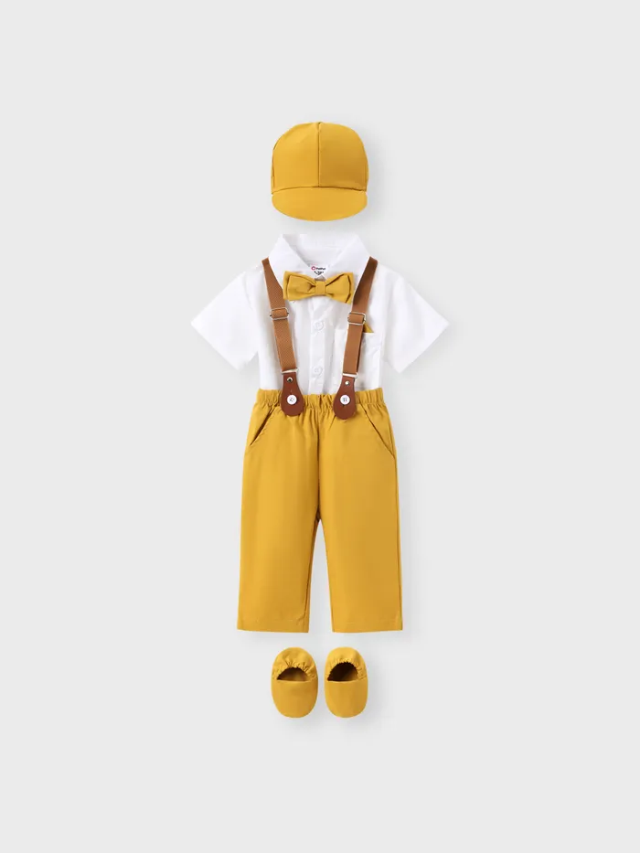 4pcs Baby Boys Casual Summer Gentlemen's Solid Color Short Sleeve Top และกางเกงและหมวกและรองเท้าชุด 