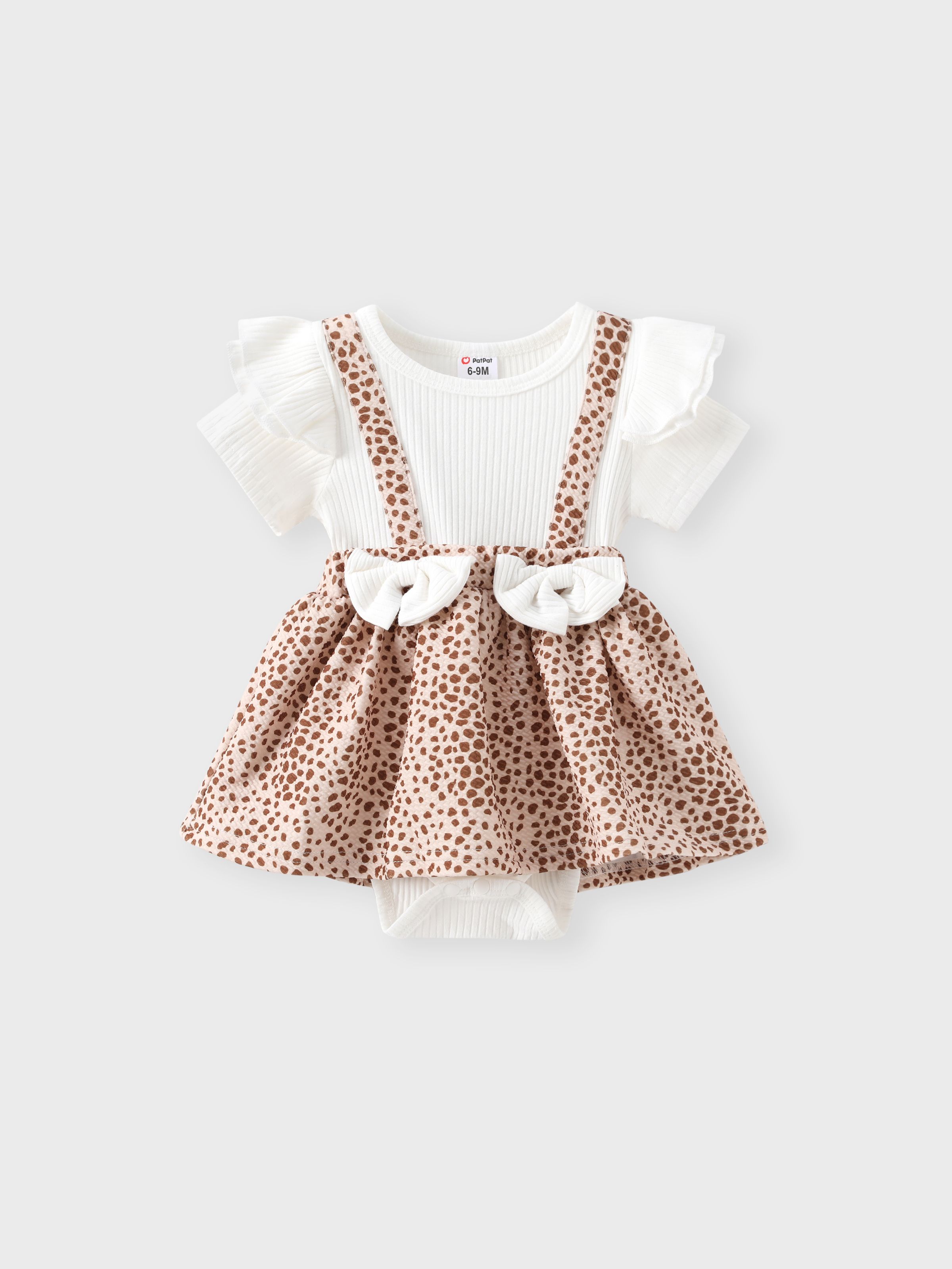 

2pcs Baby Girl 95% Cotton Ribbed Ruffle Trim Bow Decor Leopard Print Spliced Short-sleeve Romper & Headband Set