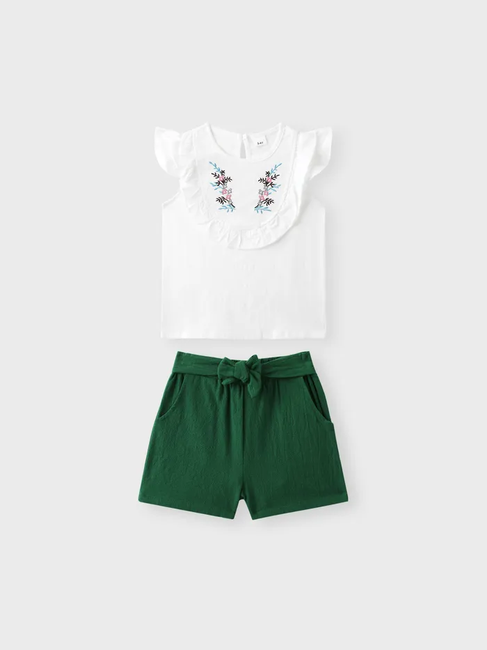 2-piece Baby / Toddler Girl Pretty Floral Embroidery Top and Solid Shorts Sets