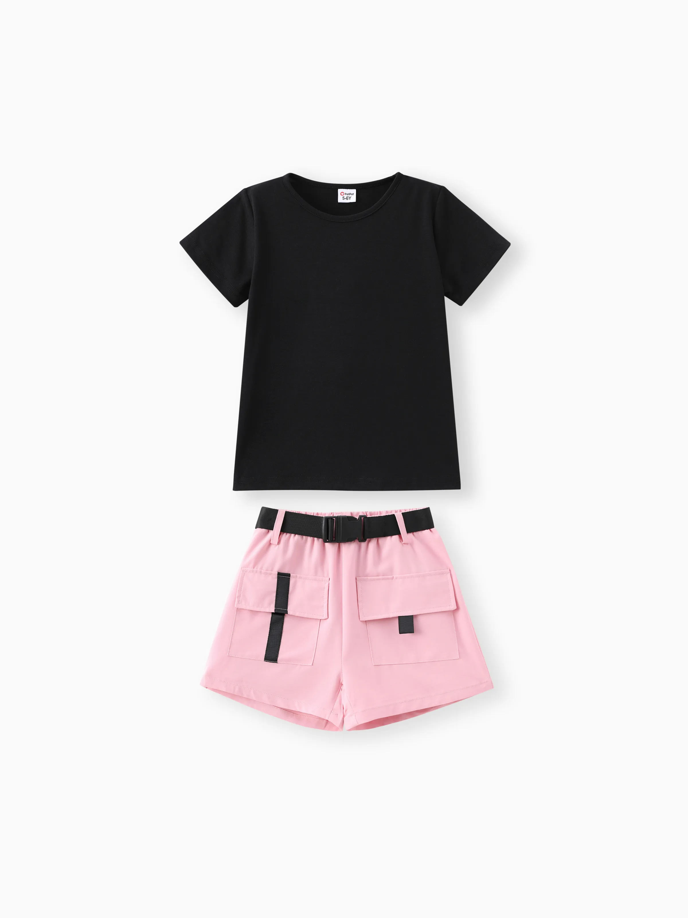 2pcs Kid Girl Short-sleeve Tee and Pocket Design Belted Shorts Set