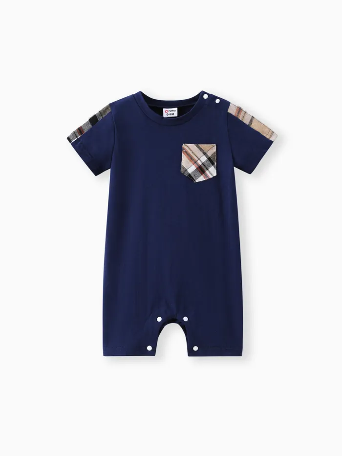 Baby Boy 95% Cotton Plaid Spliced Short-sleeve Romper