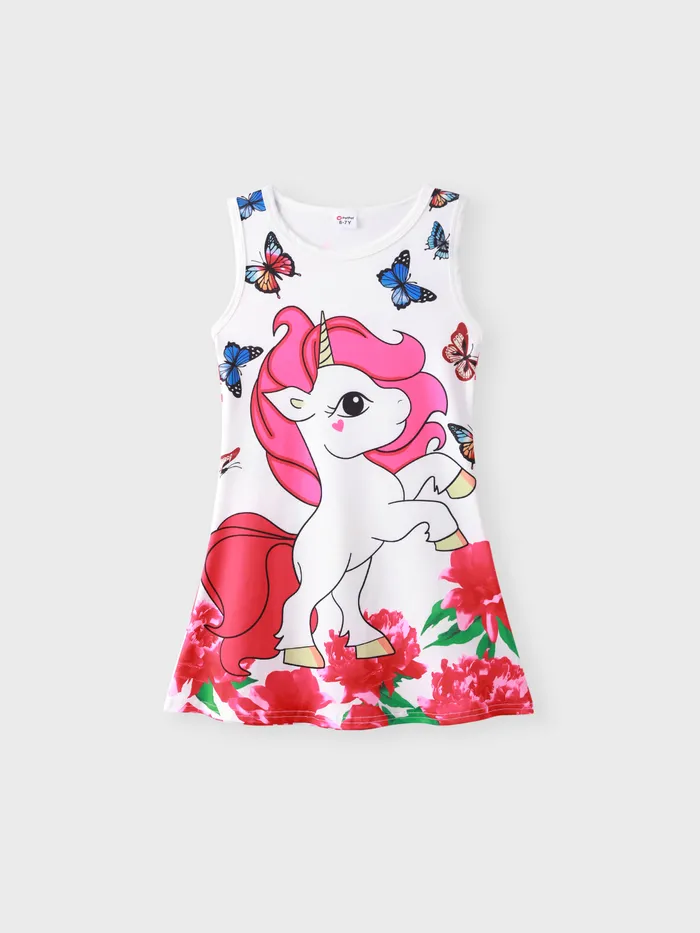 Kid Girl Pretty Unicorn and Flower Print Sleeveless Dress