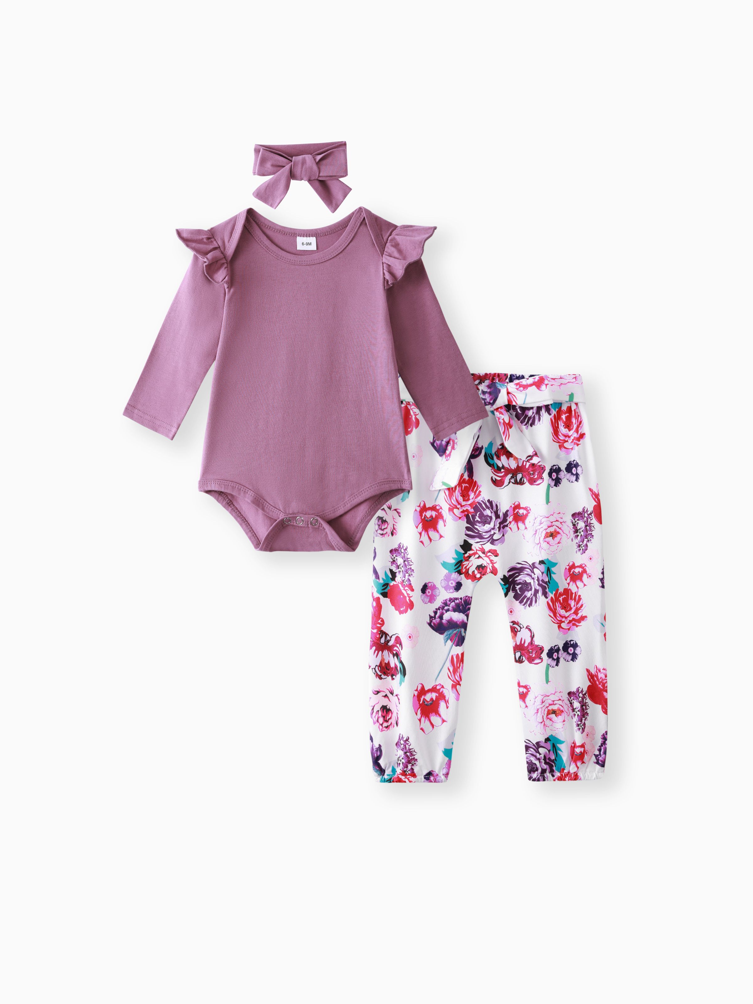 

3pcs Baby Girl 95% Cotton Ruffle Long-sleeve Romper and Floral Print Pants with Headband Set
