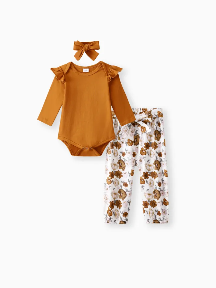 3pcs Baby Girl 95% Cotton Ruffle Long-sleeve Romper and Floral Print Pants with Headband Set