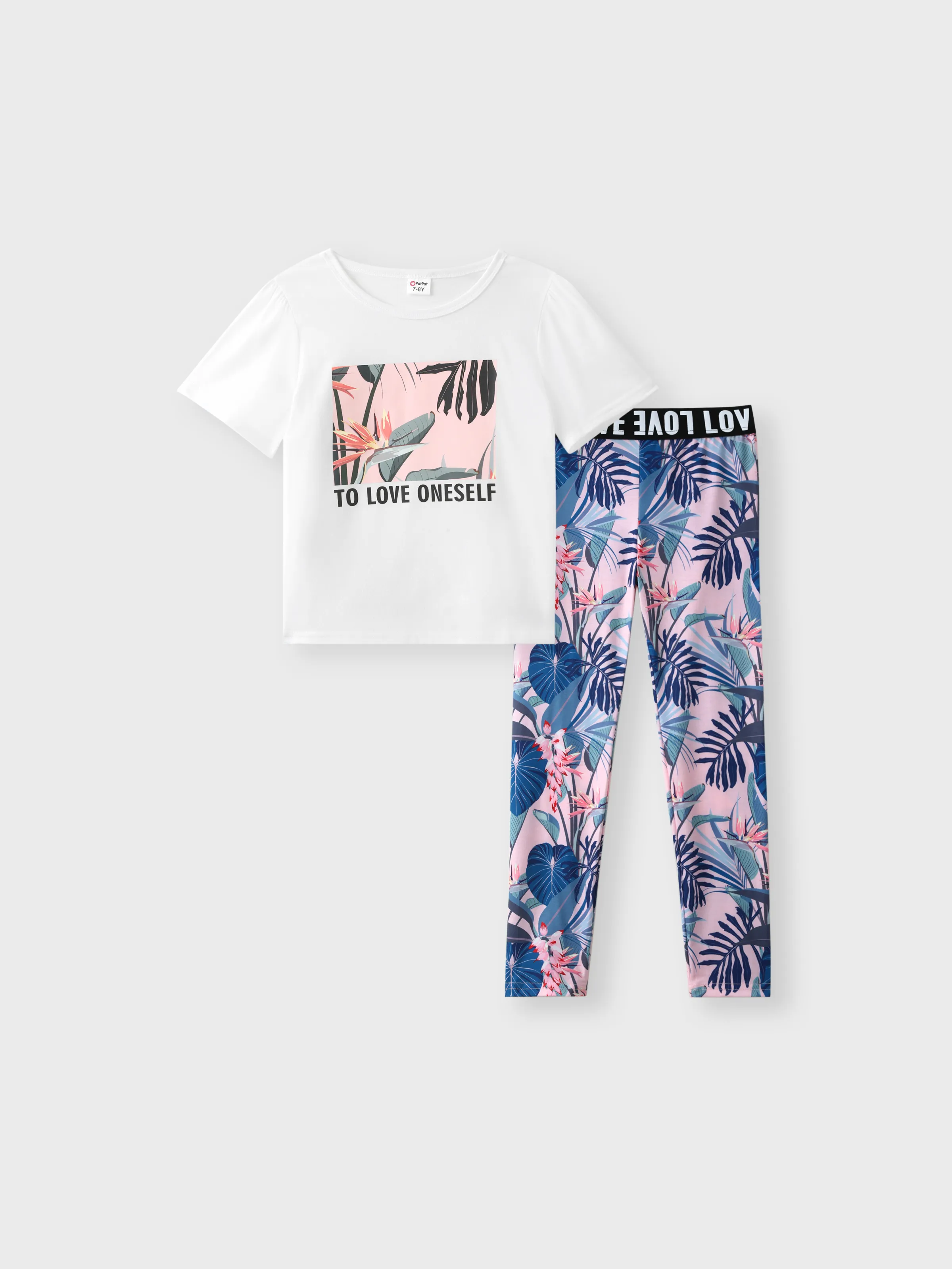 

2-piece Kid Girl Letter Leaf Print Tee and Elasticized Leggings Set