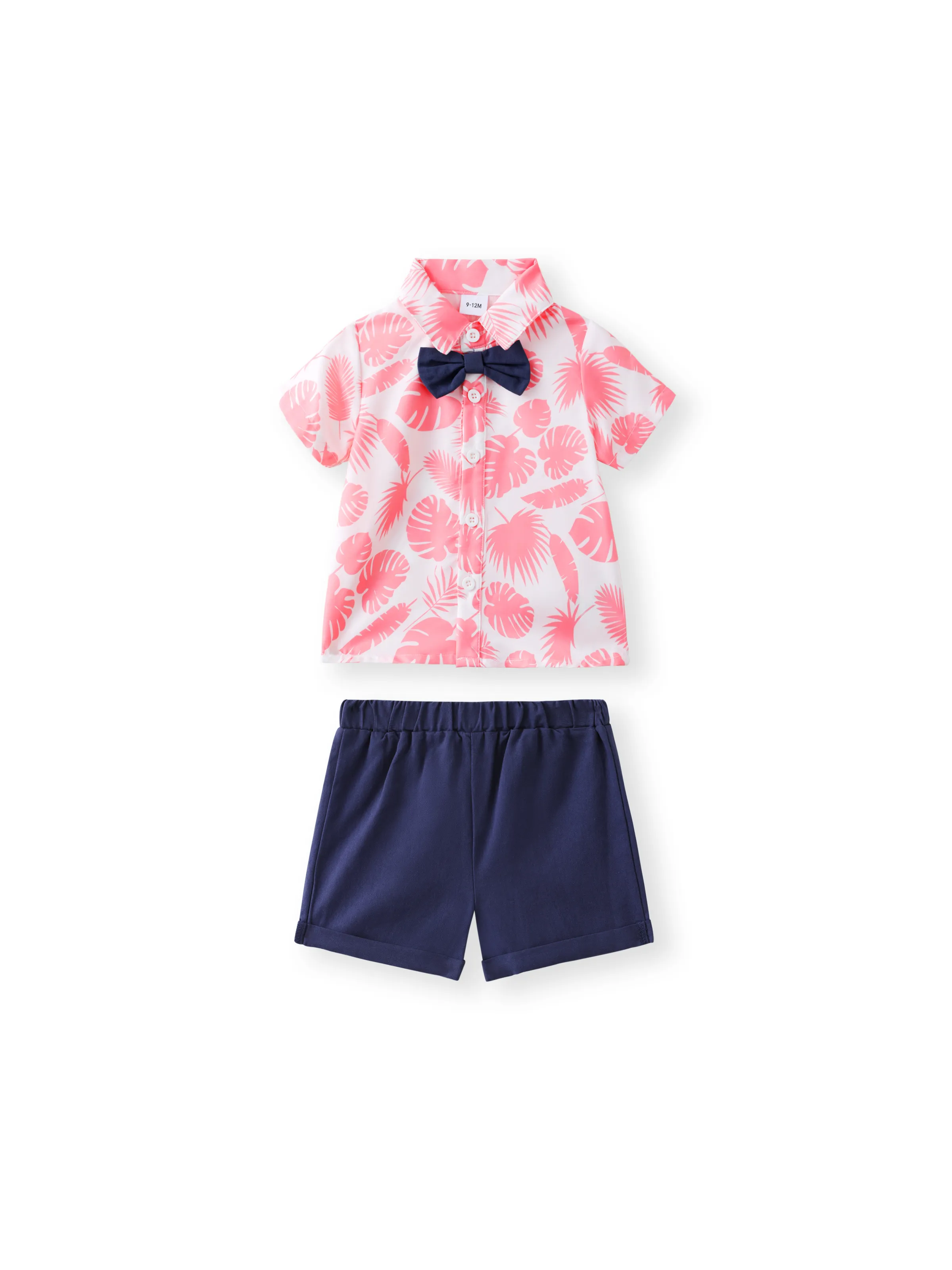 2pcs Baby Boy Allover Pink Leaf Print Short-sleeve Bow Tie Shirt and Solid Shorts Set