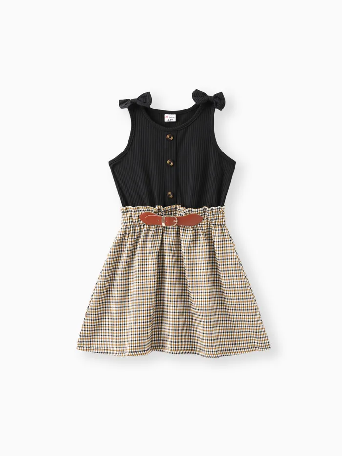 Kid Girl Plaid Ribbed Splice Button Design Sleeveless Dress