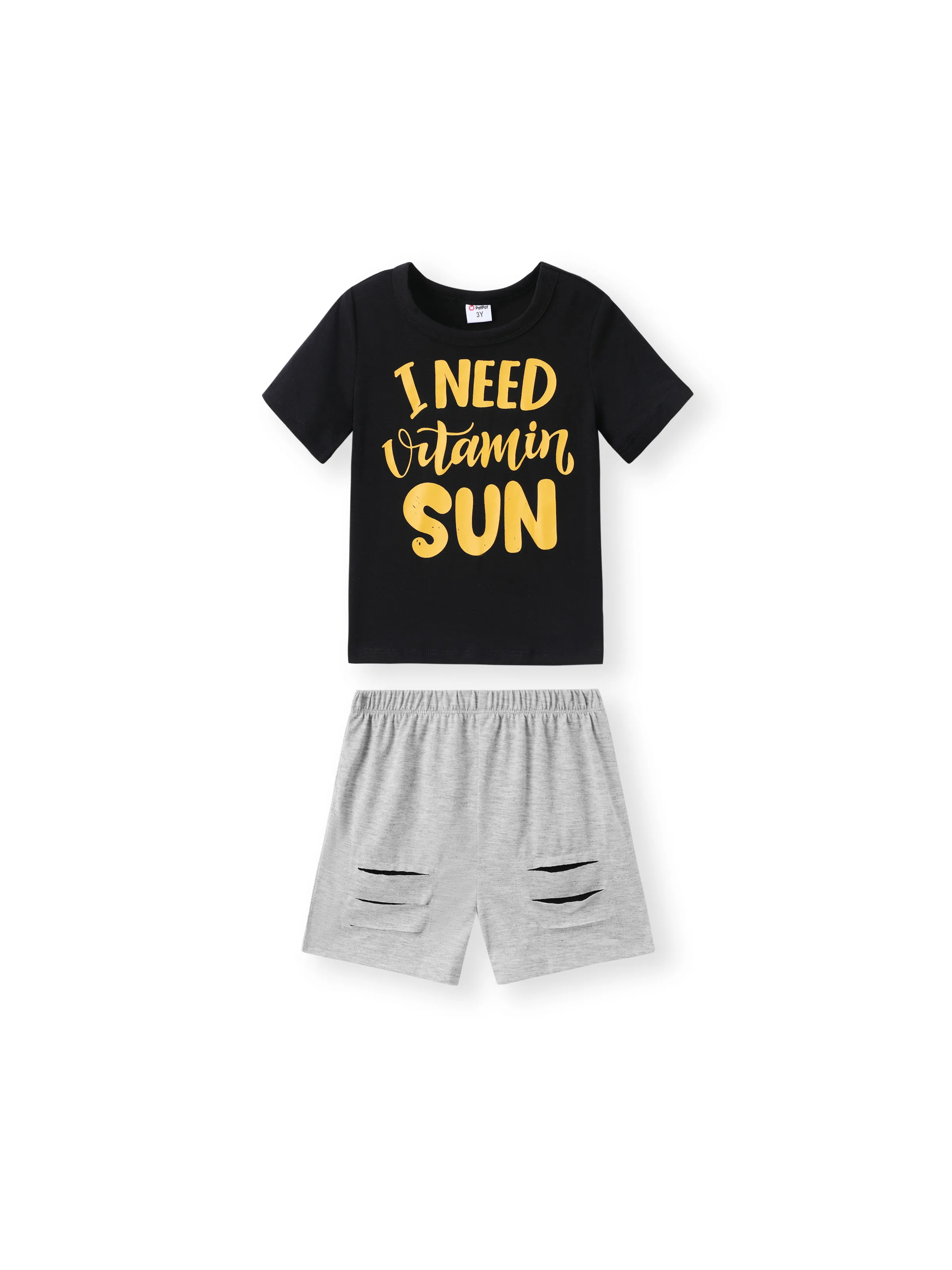 2-teiliges Set Aus T-Shirt Mit Buchstabendruck Für Kleinkinder Und Elastischen, Zerrissenen Shorts