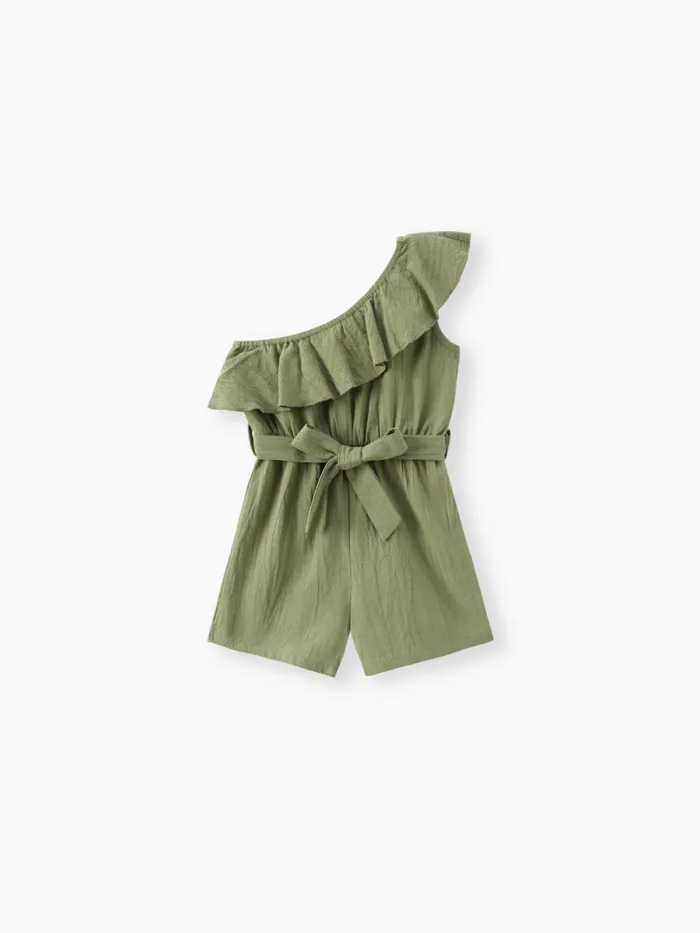Toddler Girl 100% Cotton One Shoulder Flounce Belted Romper Jumpsuit Shorts