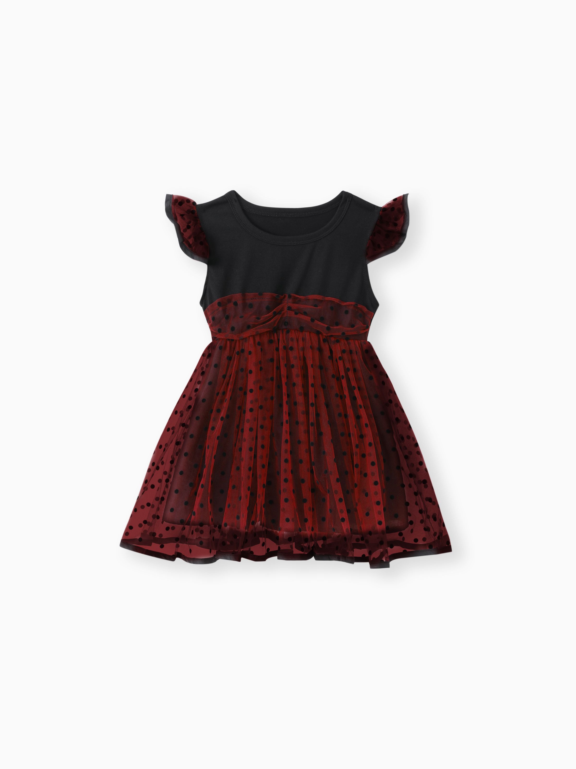 

Toddler Girl Polka dots Flutter-sleeve Mesh Splice Dress