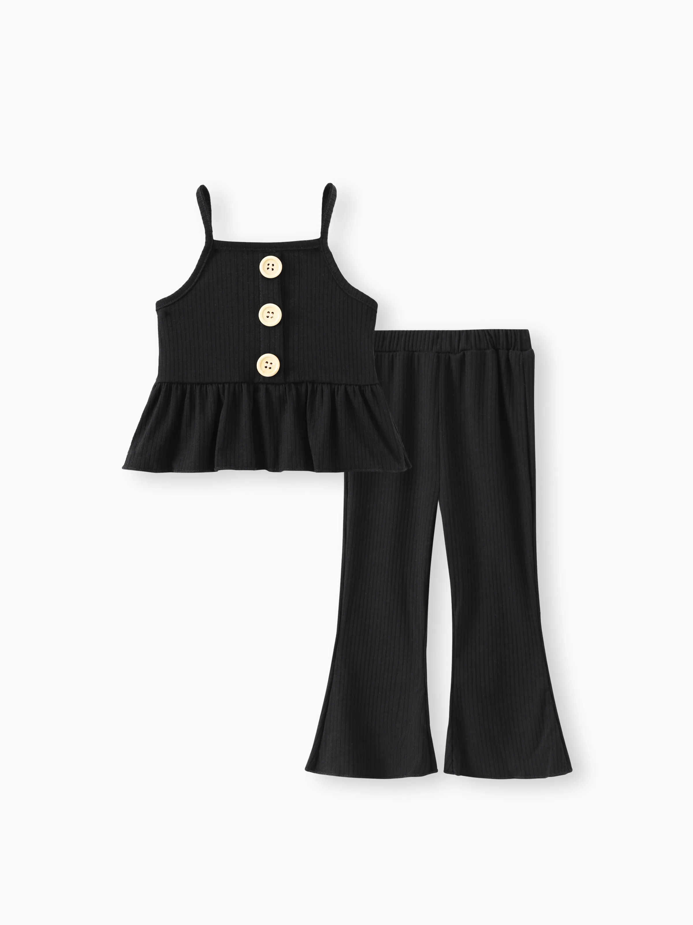 

2pcs Baby Girl Solid Spaghetti Strap Peplum Top and Flared Pants Set