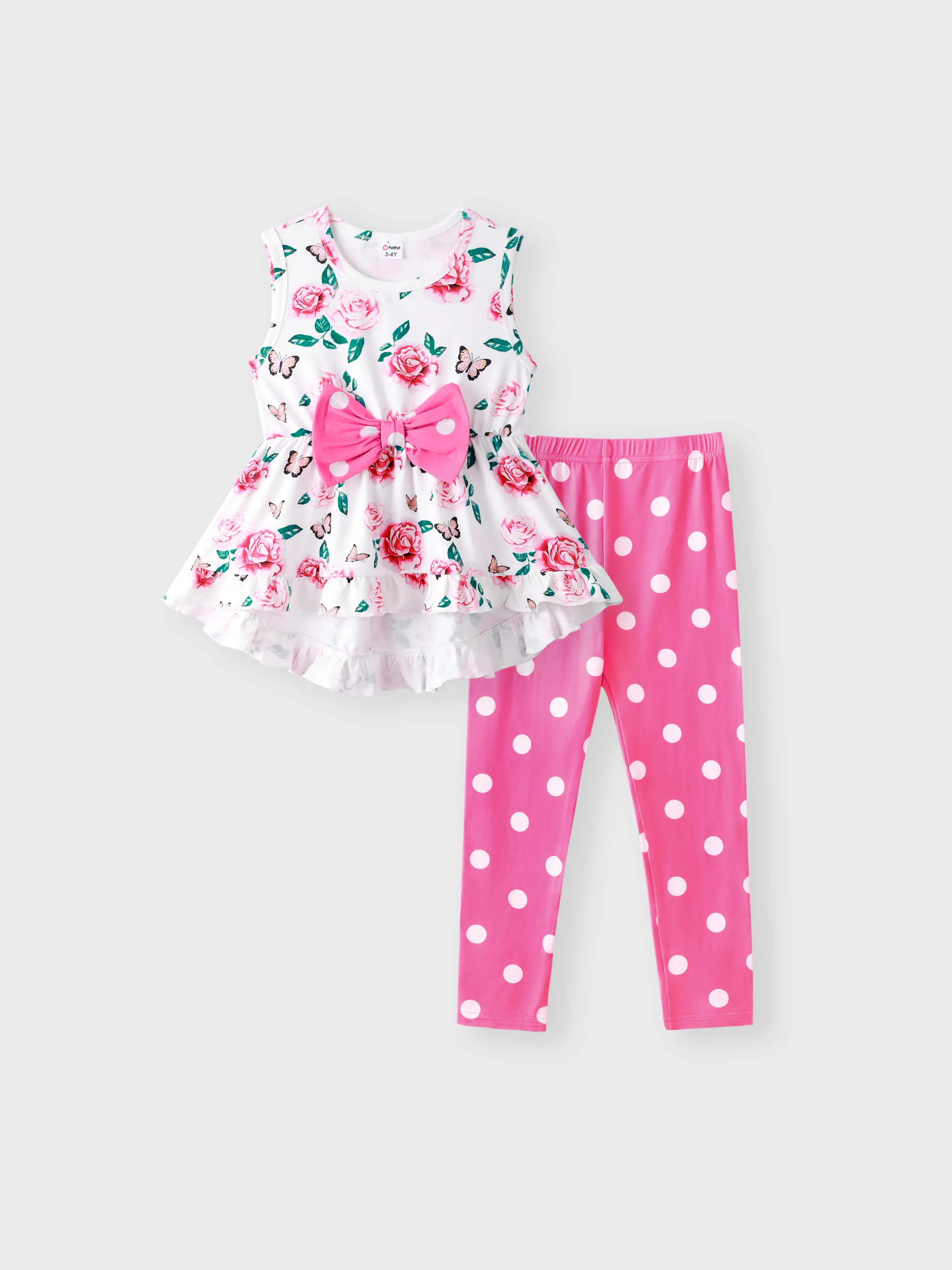 

2-piece Toddler Girl Floral Print Bowknot Design Ruffled High Low Sleeveless Tee and Polka dots Pants Set