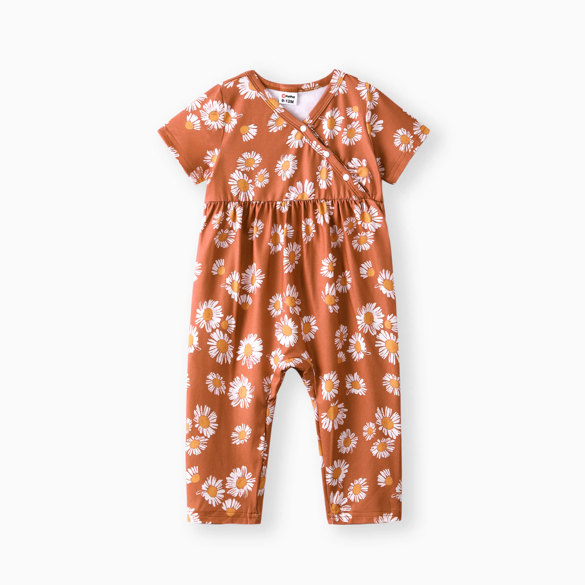 

Baby Girl All Over Floral Print V Neck Short-sleeve Snap-up Jumpsuit