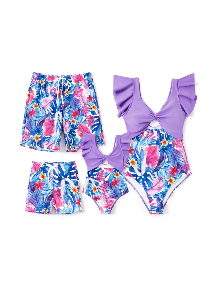 Family Matching Floral Drawstring Swim Trunks or Flutter Sleeves One-Piece Twist Knot Spliced Swimsuit 