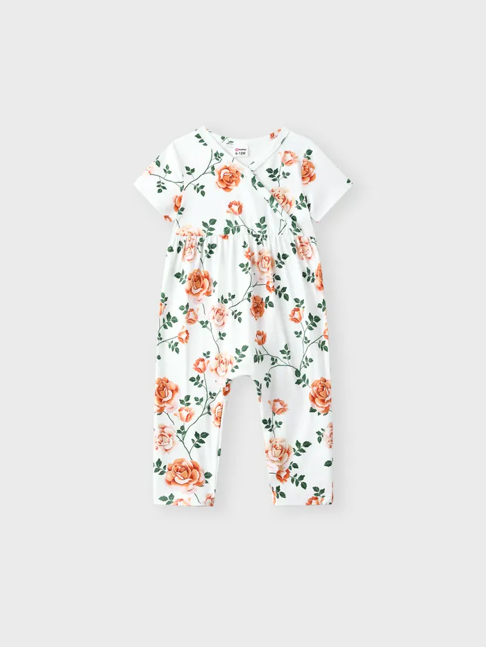 Baby Girl Clothes All Over Floral Print V Neck Short-sleeve Snap-up Jumpsuit