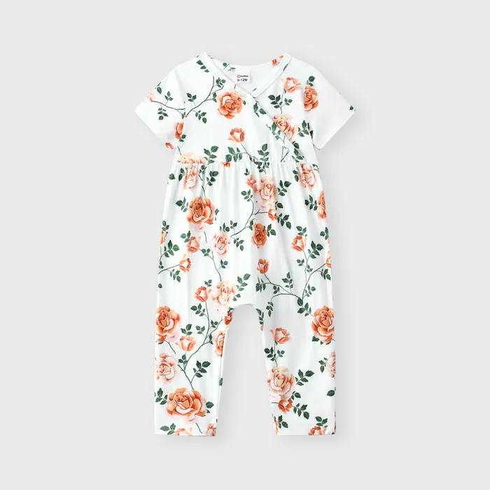 Baby Girl All Over Floral Print V Neck Short-sleeve Snap-up Jumpsuit