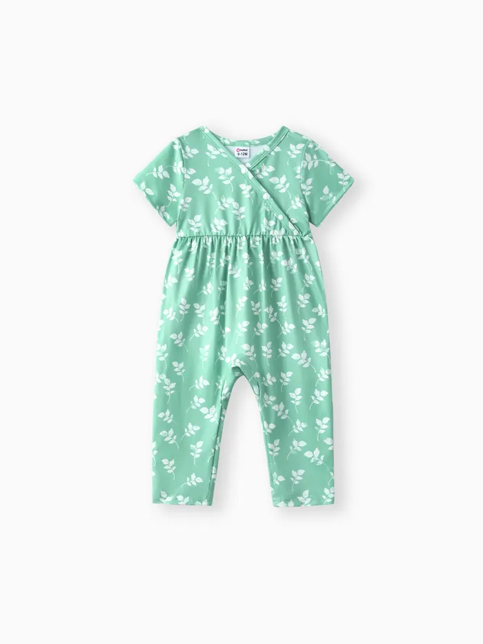 Baby Girl Clothes All Over Floral Print V Neck Short-sleeve Snap-up Jumpsuit