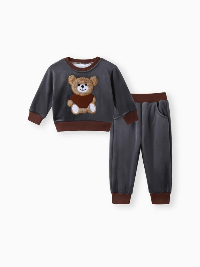 2pcs Baby Boy 95% Cotton Long-sleeve Cartoon Bear Pattern Thickened Fleece Lined Pullover and Trousers Set