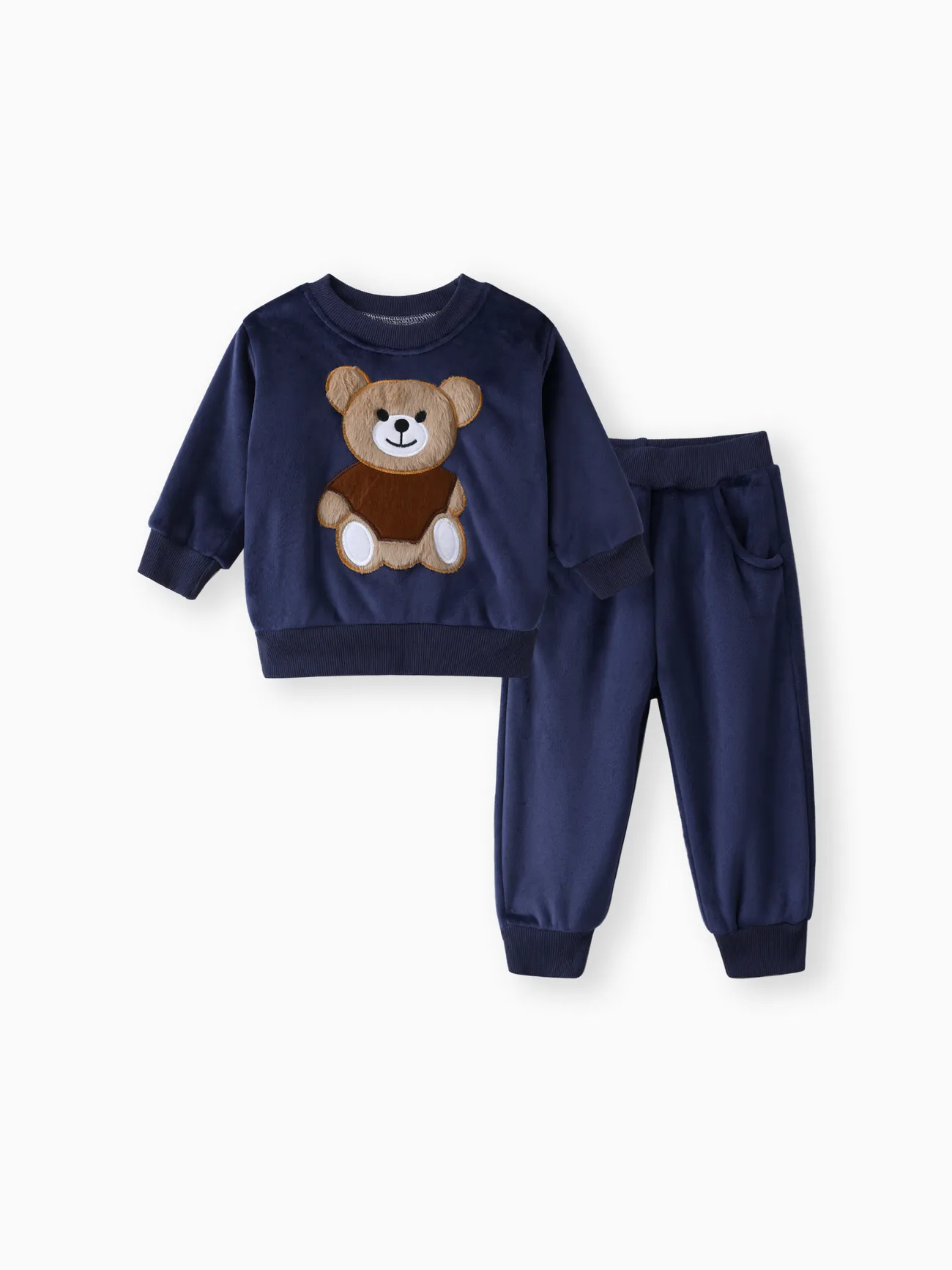 2pcs Baby Boy 95% Cotton Long-sleeve Cartoon Bear Pattern Thickened Fleece Lined Pullover and Trousers Set