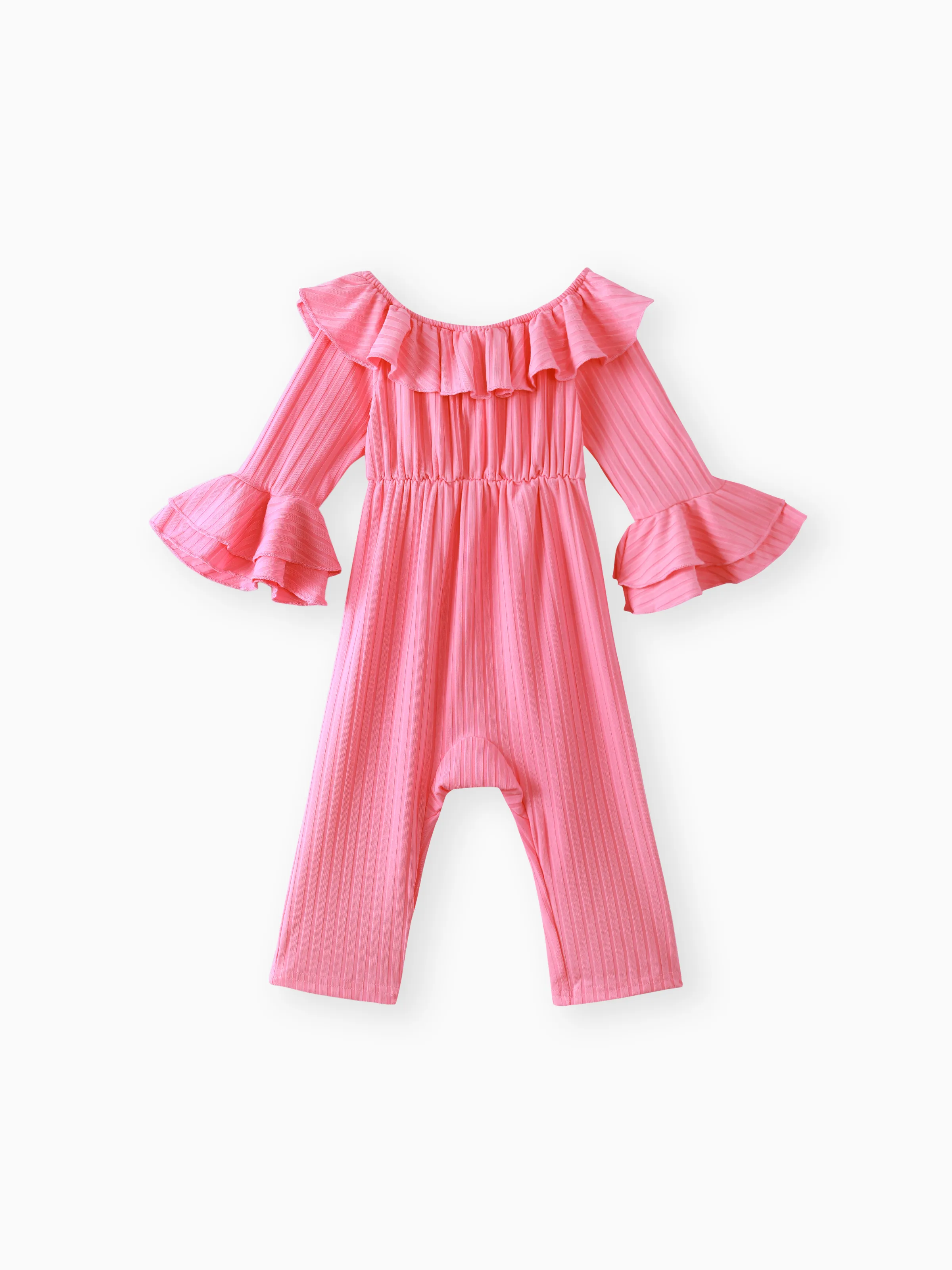 

Baby Girl Solid Ribbed Off Shoulder Ruffle Bell Sleeve Jumpsuit