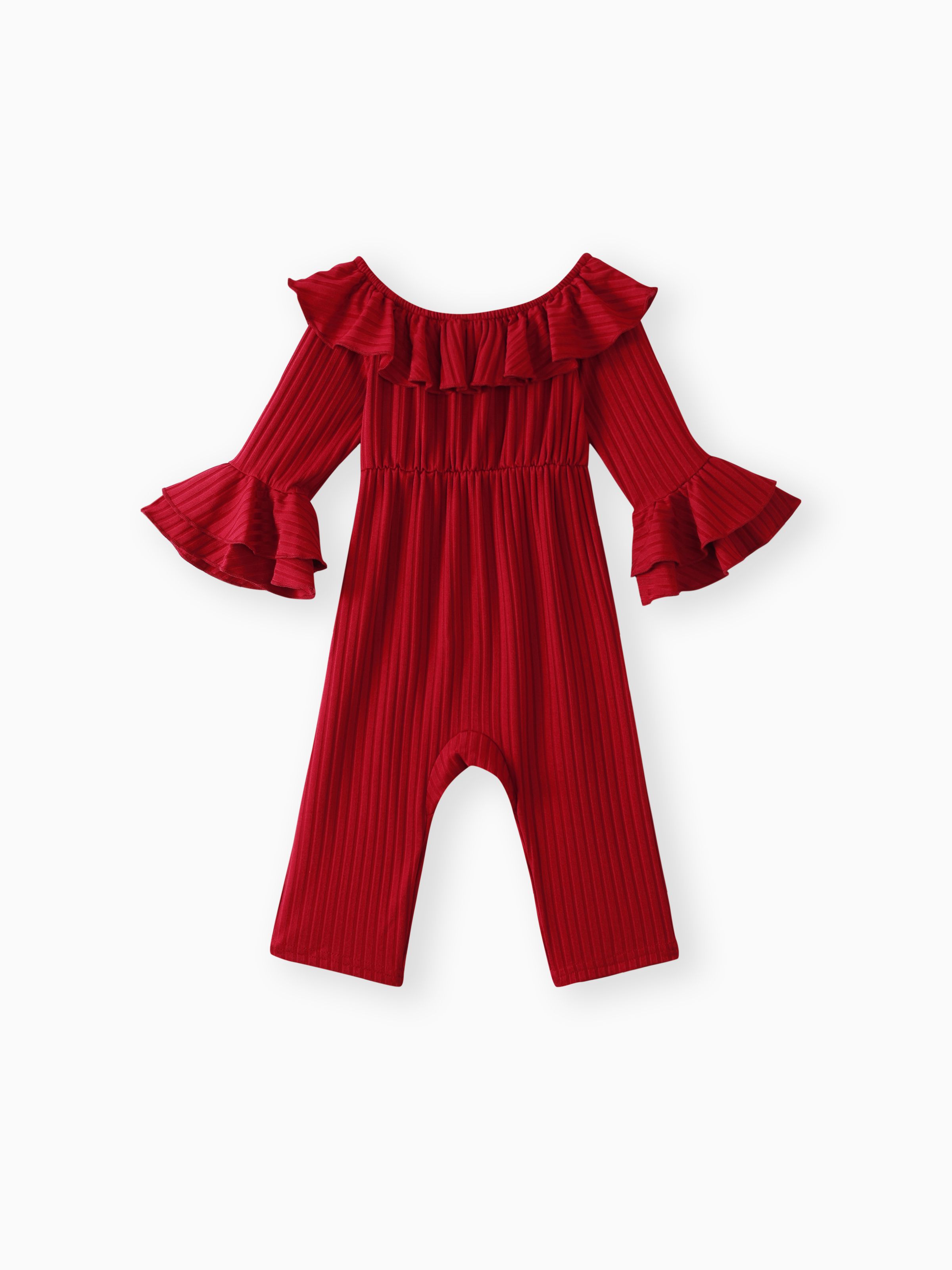 

Baby Girl Solid Ribbed Off Shoulder Ruffle Bell Sleeve Jumpsuit