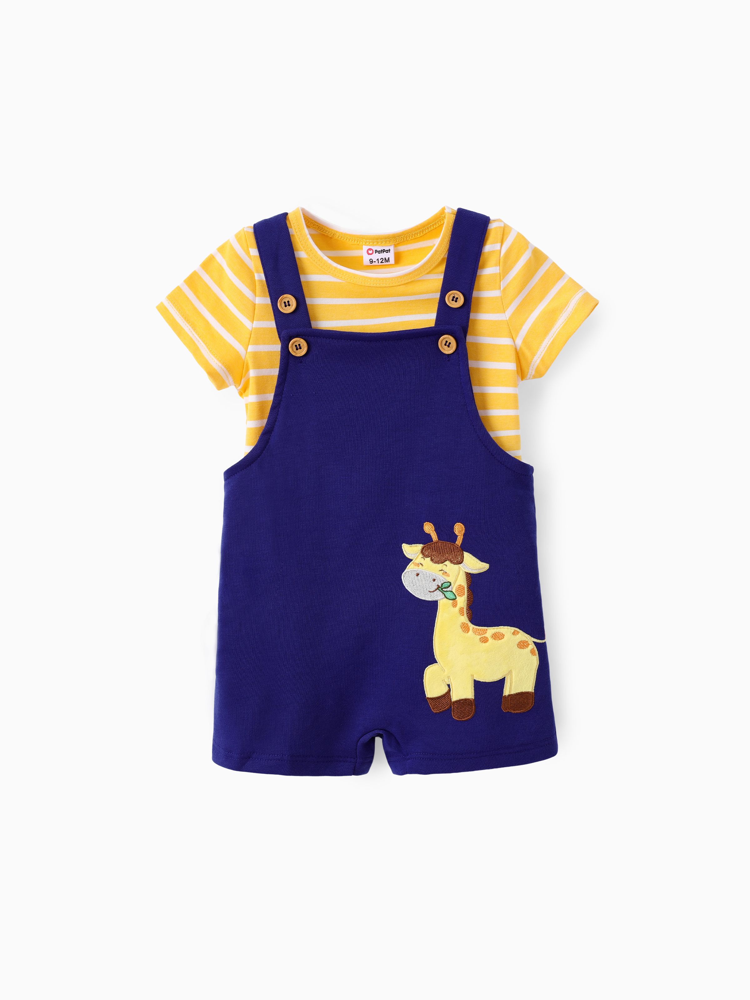 

Baby Boy 2pcs Stripe Pattern Tee and Lion Print Overalls Shorts Set