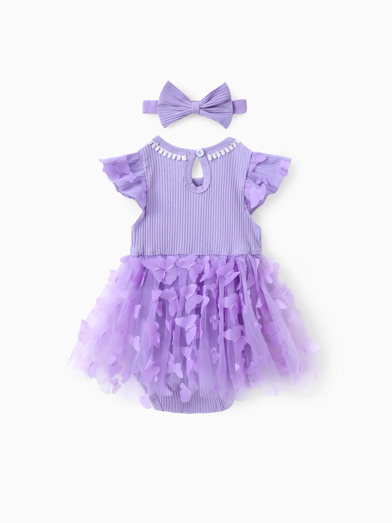 Purple - Sweet Baby Girl 2pcs Mesh Cotton Dress Set in Solid Pink with Butterfly and Ruffle Edge - image 2