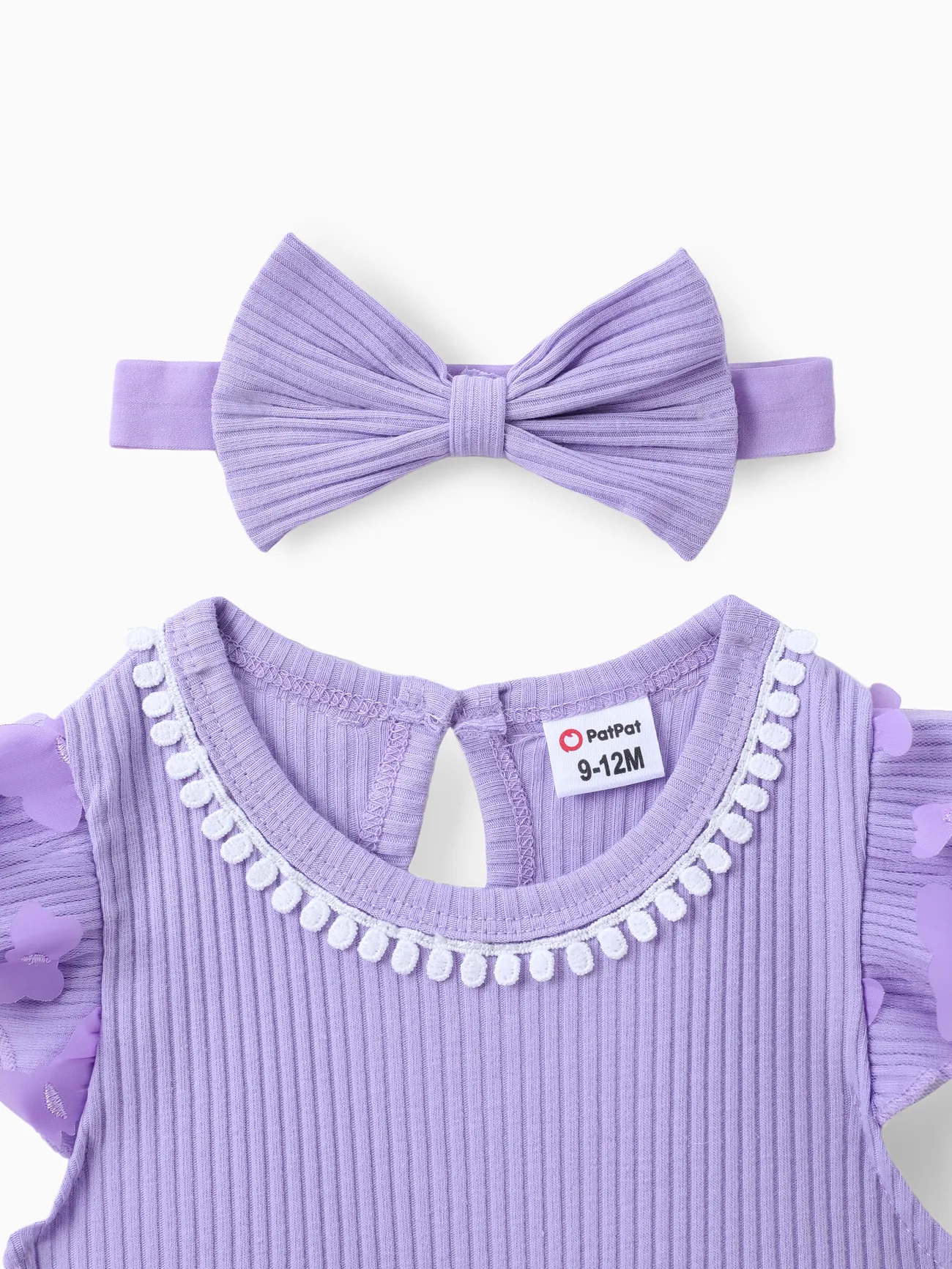 Purple - Sweet Baby Girl 2pcs Mesh Cotton Dress Set in Solid Pink with Butterfly and Ruffle Edge - image 3
