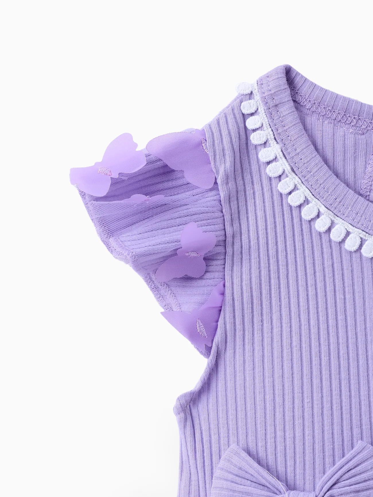 Purple - Sweet Baby Girl 2pcs Mesh Cotton Dress Set in Solid Pink with Butterfly and Ruffle Edge - image 4