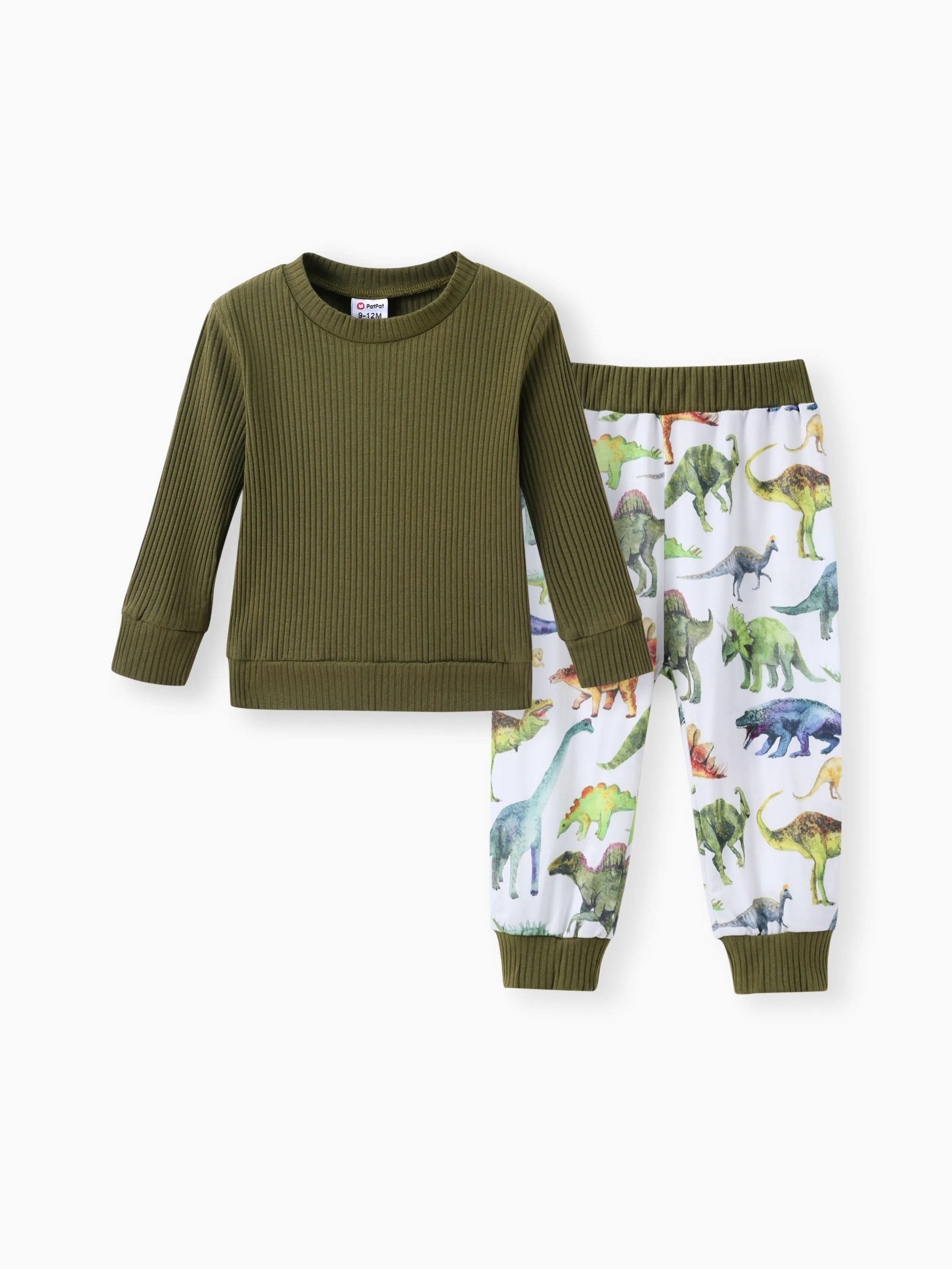 

2pcs Baby Boy Solid Cotton Ribbed Long-sleeve Pullover and Allover Dinosaur Print Pants Set