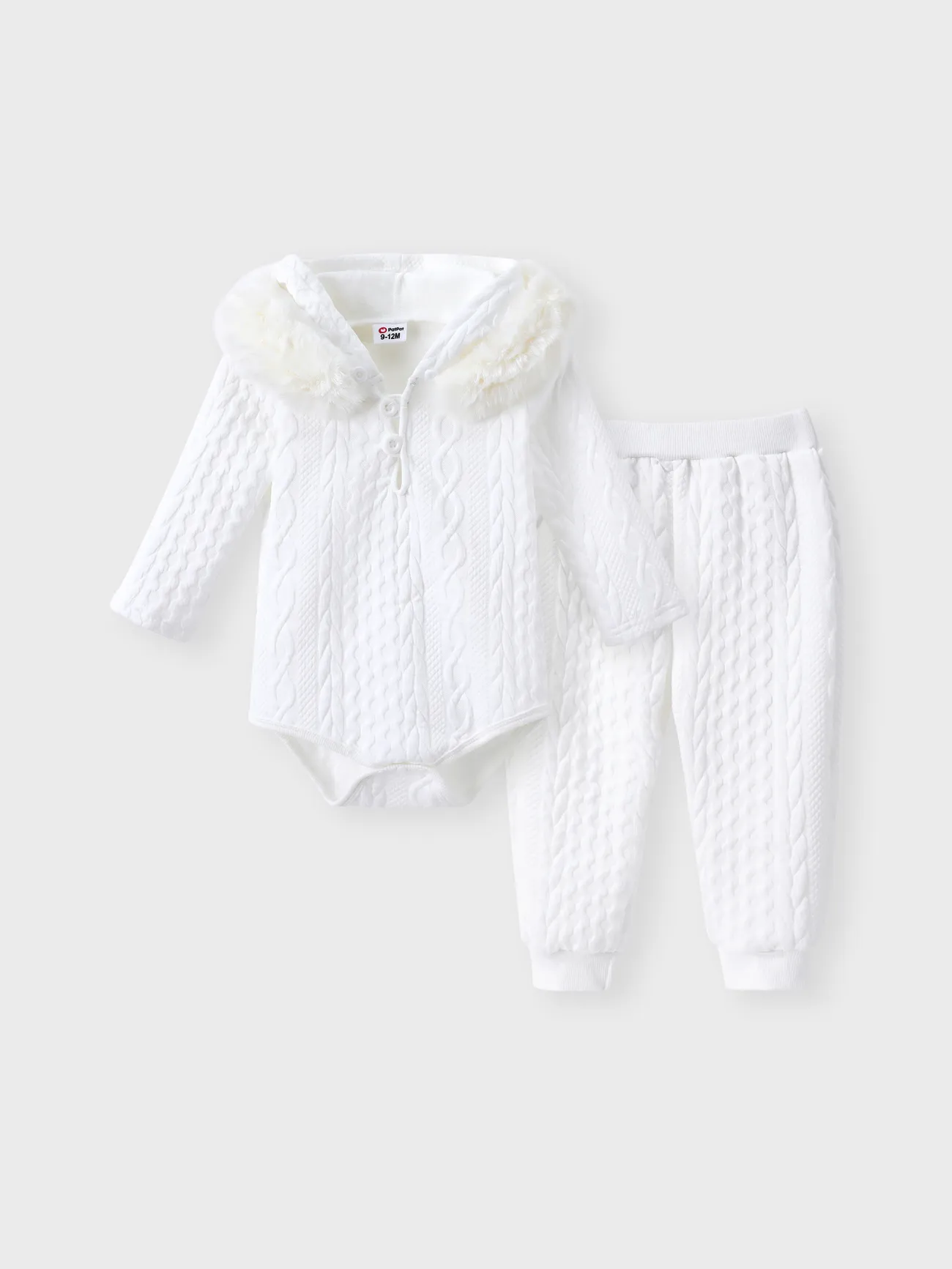 

2pcs Baby Boy/Girl White Imitation Knitting Textured Spliced Faux Fur Hooded Long-sleeve Romper and Pants Set