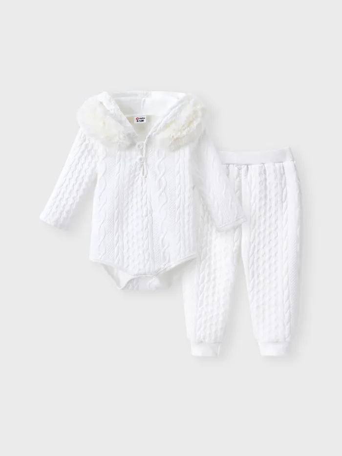 2pcs Baby Boy/Girl White Imitation Knitting Textured Spliced Faux Fur Hooded Long-sleeve Romper and Pants Set