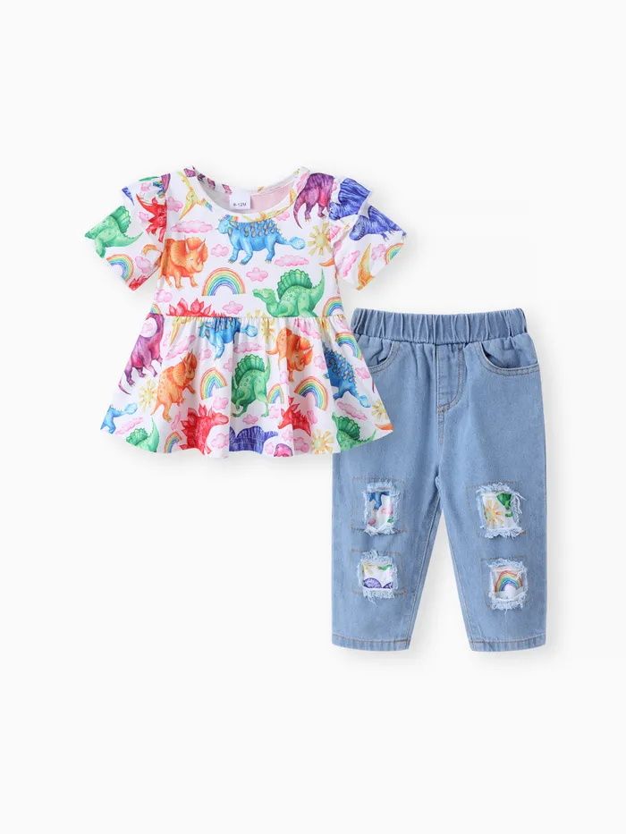 2pcs Baby Girl 95% Cotton Ripped Denim Jeans and Allover Dinosaur Print Ruffle Short-sleeve Top Set