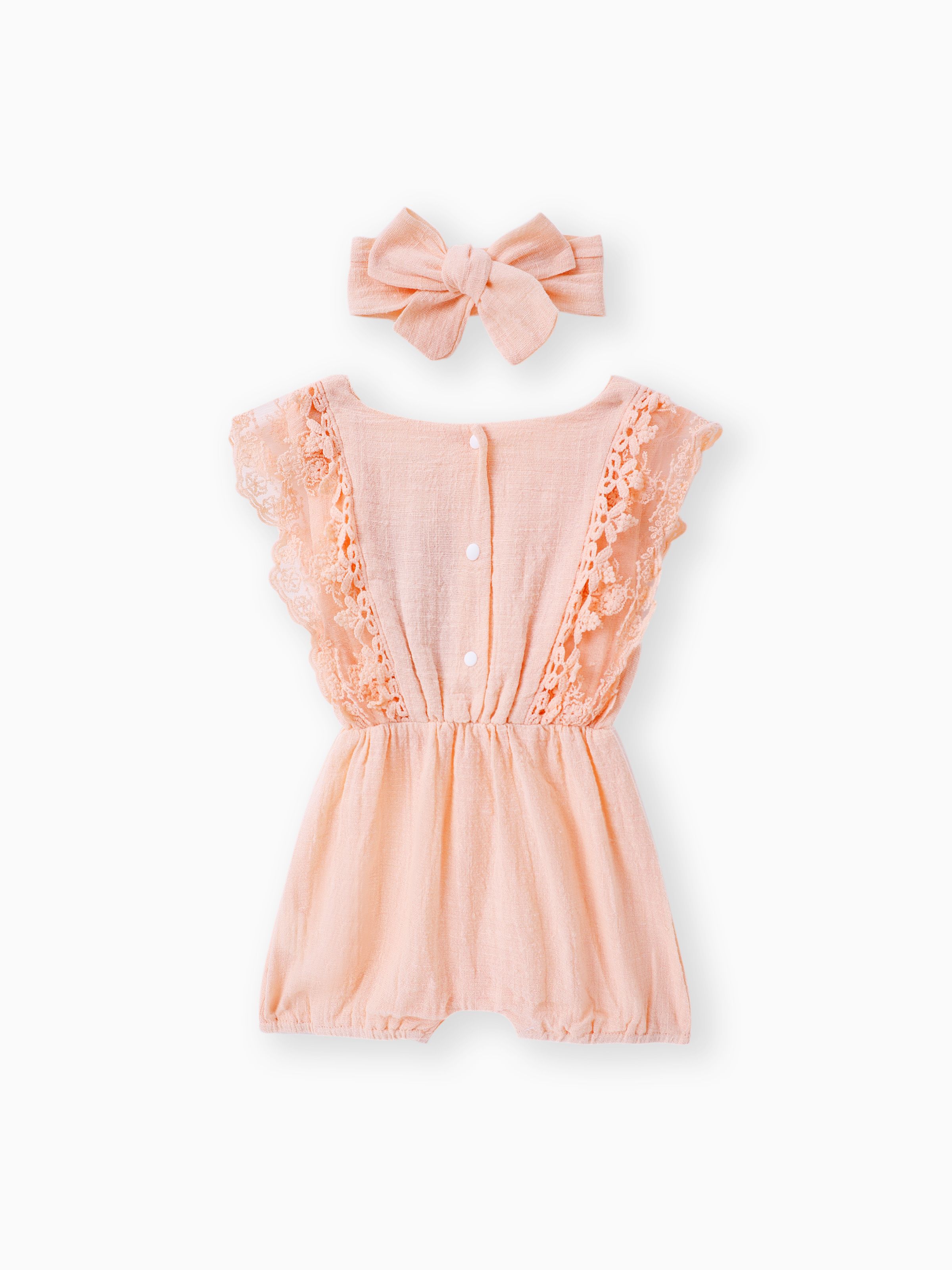 

2pcs Baby Girl 95% Cotton Lace Flutter-sleeve Romper with Headband Set