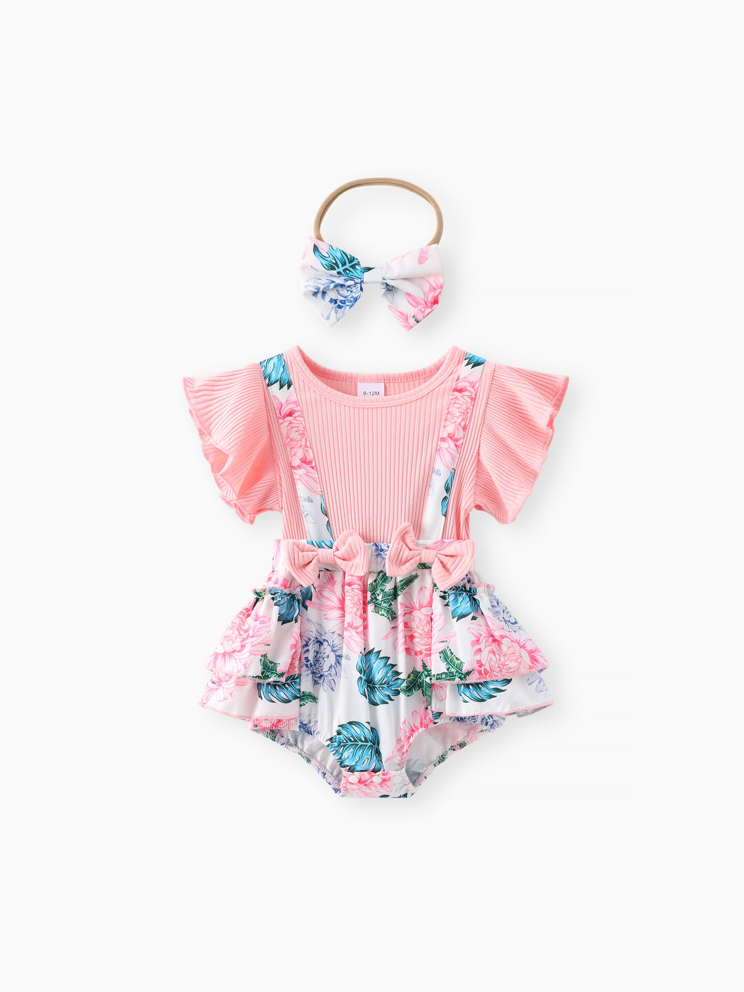 

2pcs Baby Girl 95% Cotton Ribbed Ruffle-sleeve Faux-two Floral Print Layered Romper with Headband Set