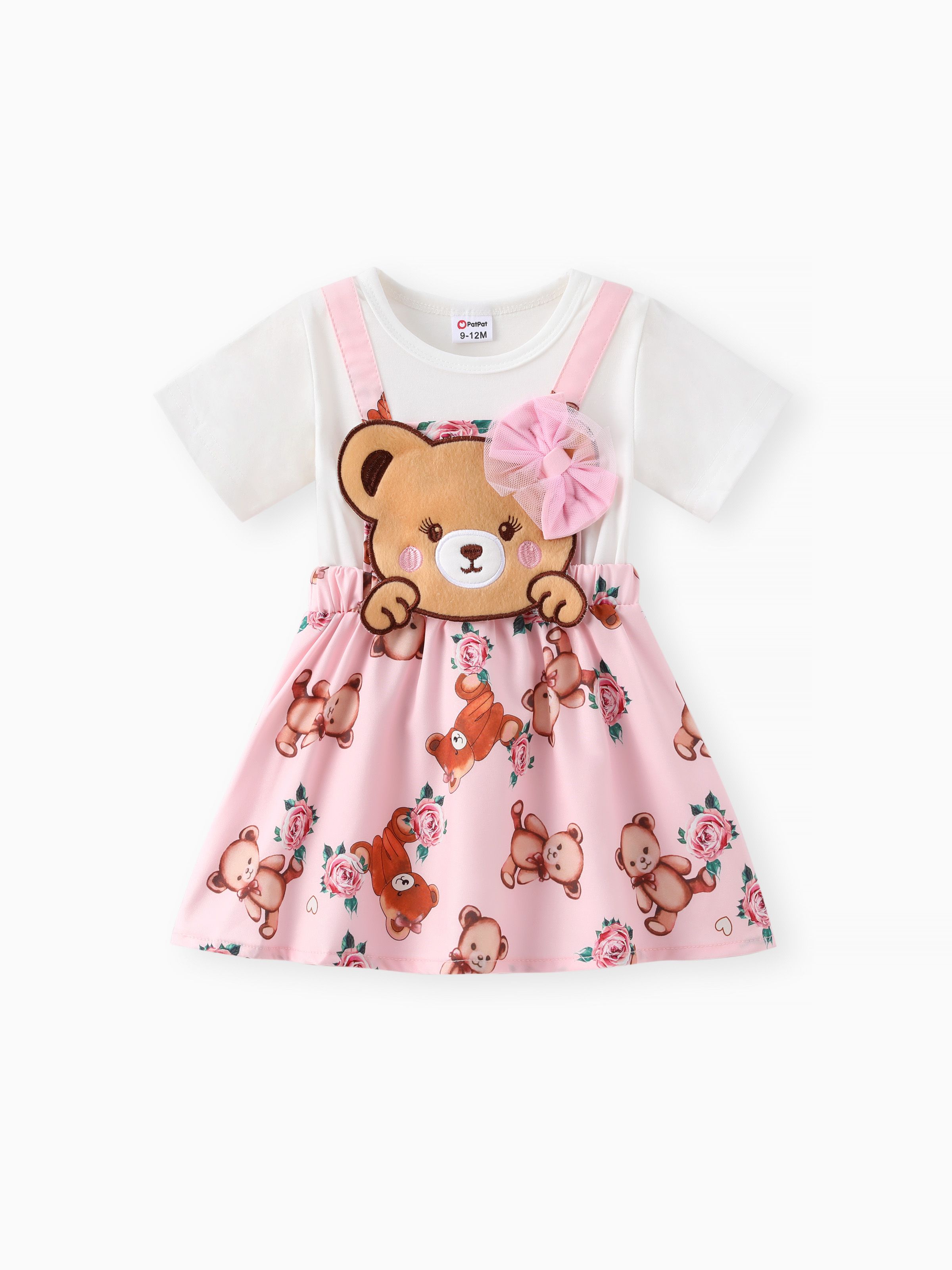

Baby Girl 100% Cotton Short-sleeve Cartoon Bear Faux-two Suspender Dress