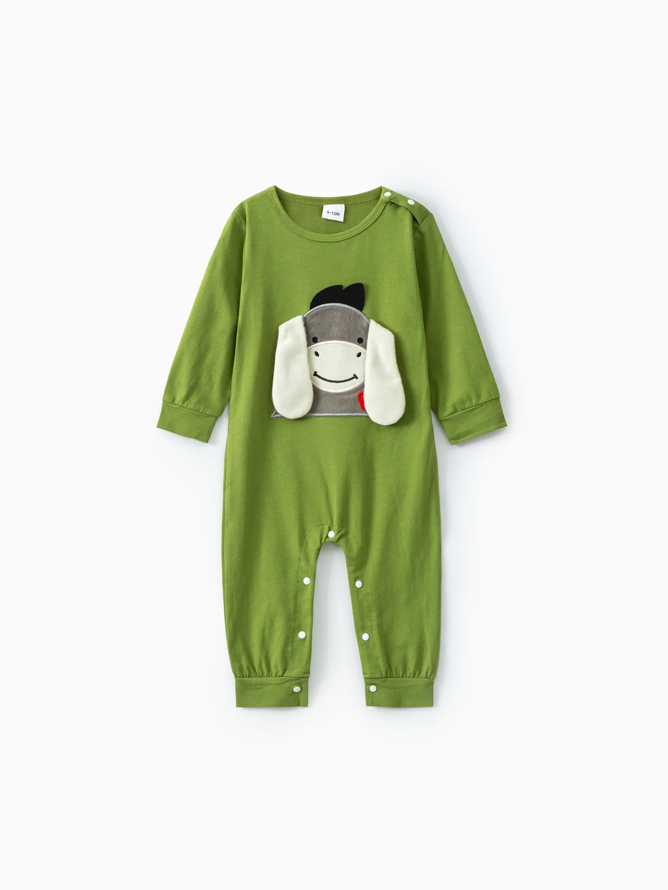 

Donkey Embroidery 3D Ear Design Long-sleeve Green Baby Jumpsuit