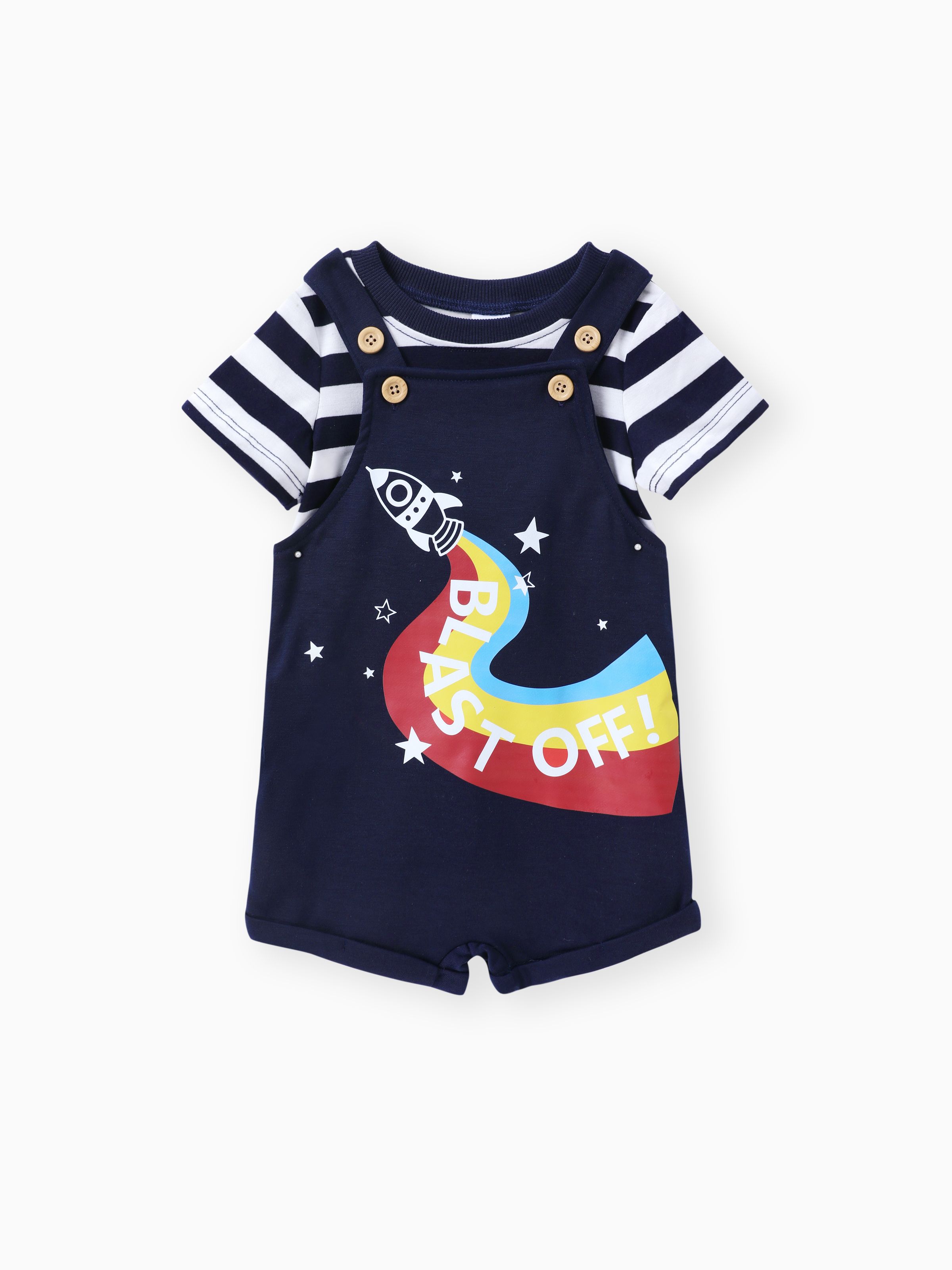 

Baby Boy 2pcs Striped Tee and Rocket Print Overalls Set