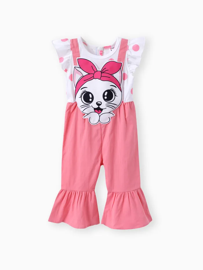 Baby Girl Cat Embroidery Polka Dots Print Colorblock Jumpsuit