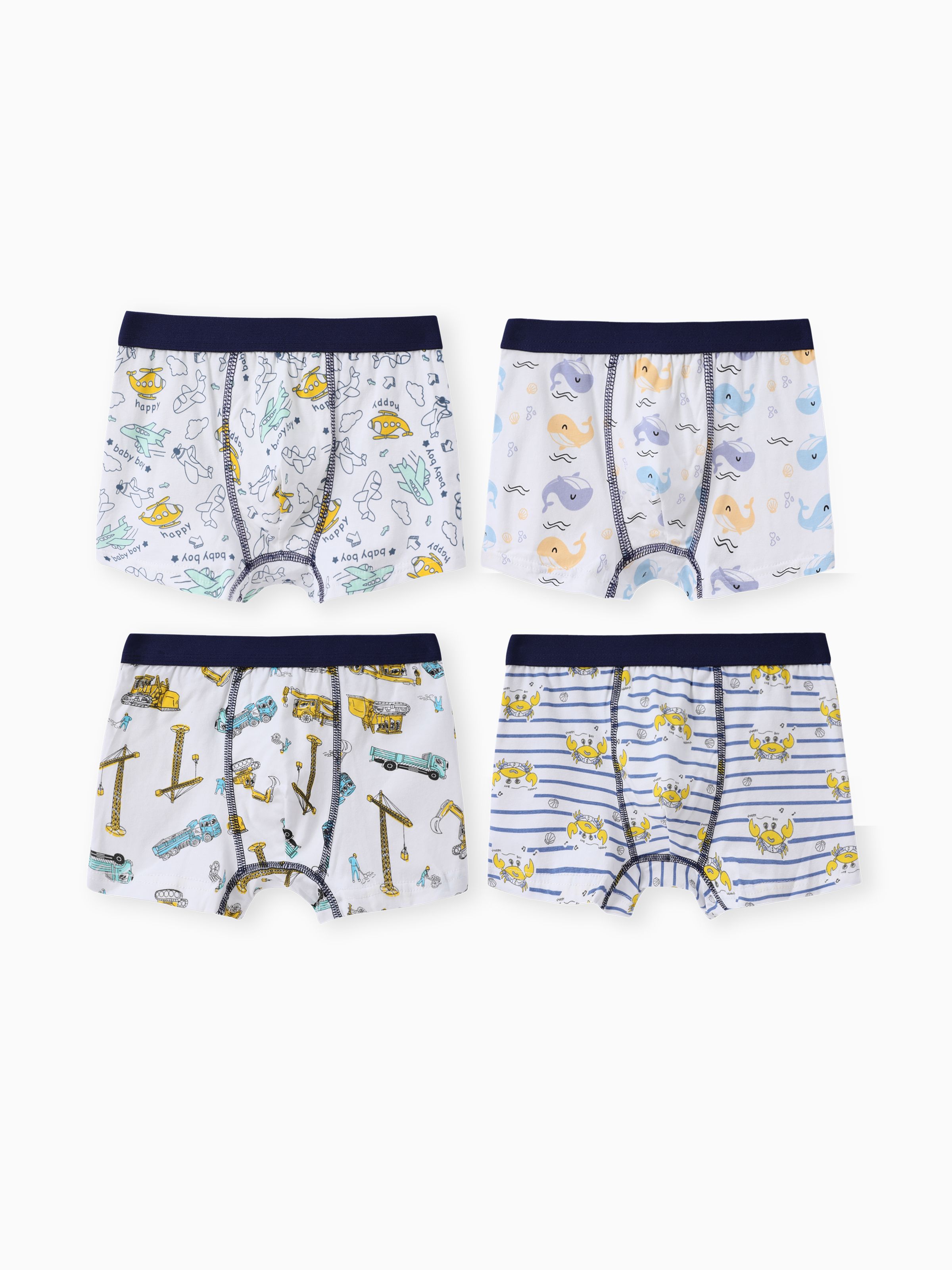 

4 Pieces Boys' Cotton Underwear Set with Marine Element, Childlike Style