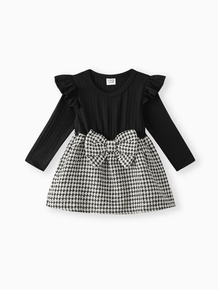 Baby Girl Ruffle Long-sleeve Rib Knit Spliced Tweed Bow Front Dress