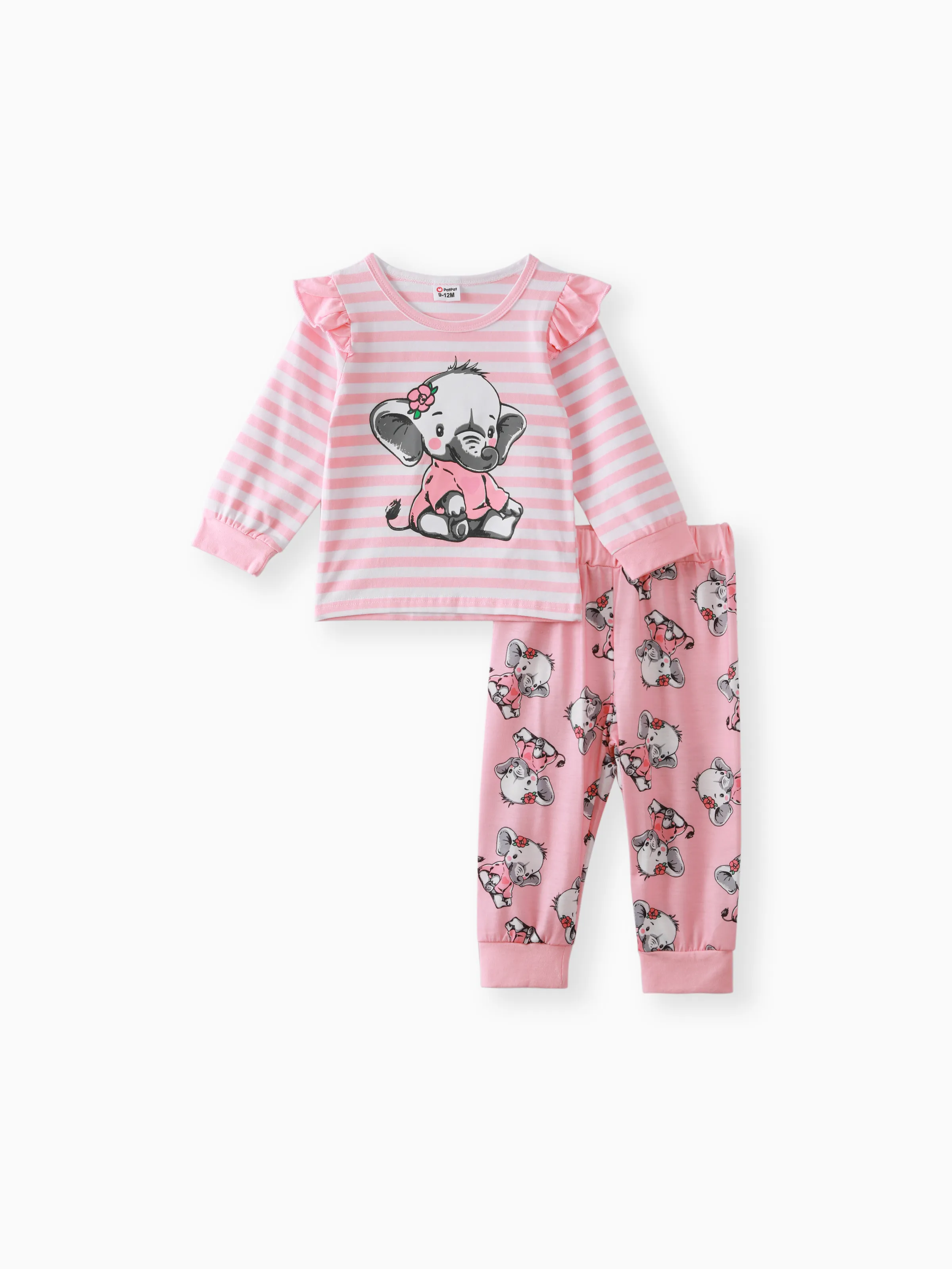 

2pcs Baby Girl 95% Cotton Long-sleeve Cartoon Elephant Print Grey Striped Top and Trousers Set