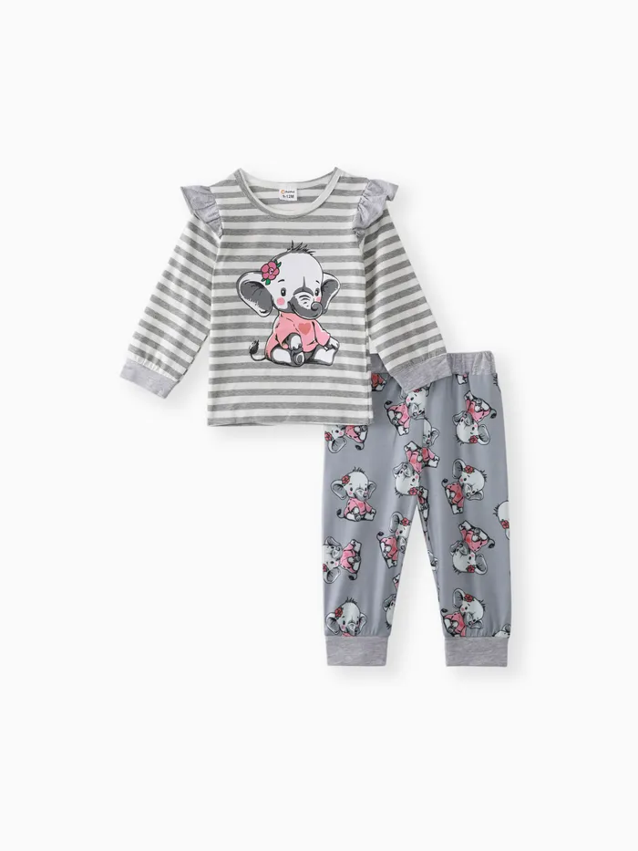 2pcs Baby Girl 95% Cotton Long-sleeve Cartoon Elephant Print Grey Striped Top and Trousers Set