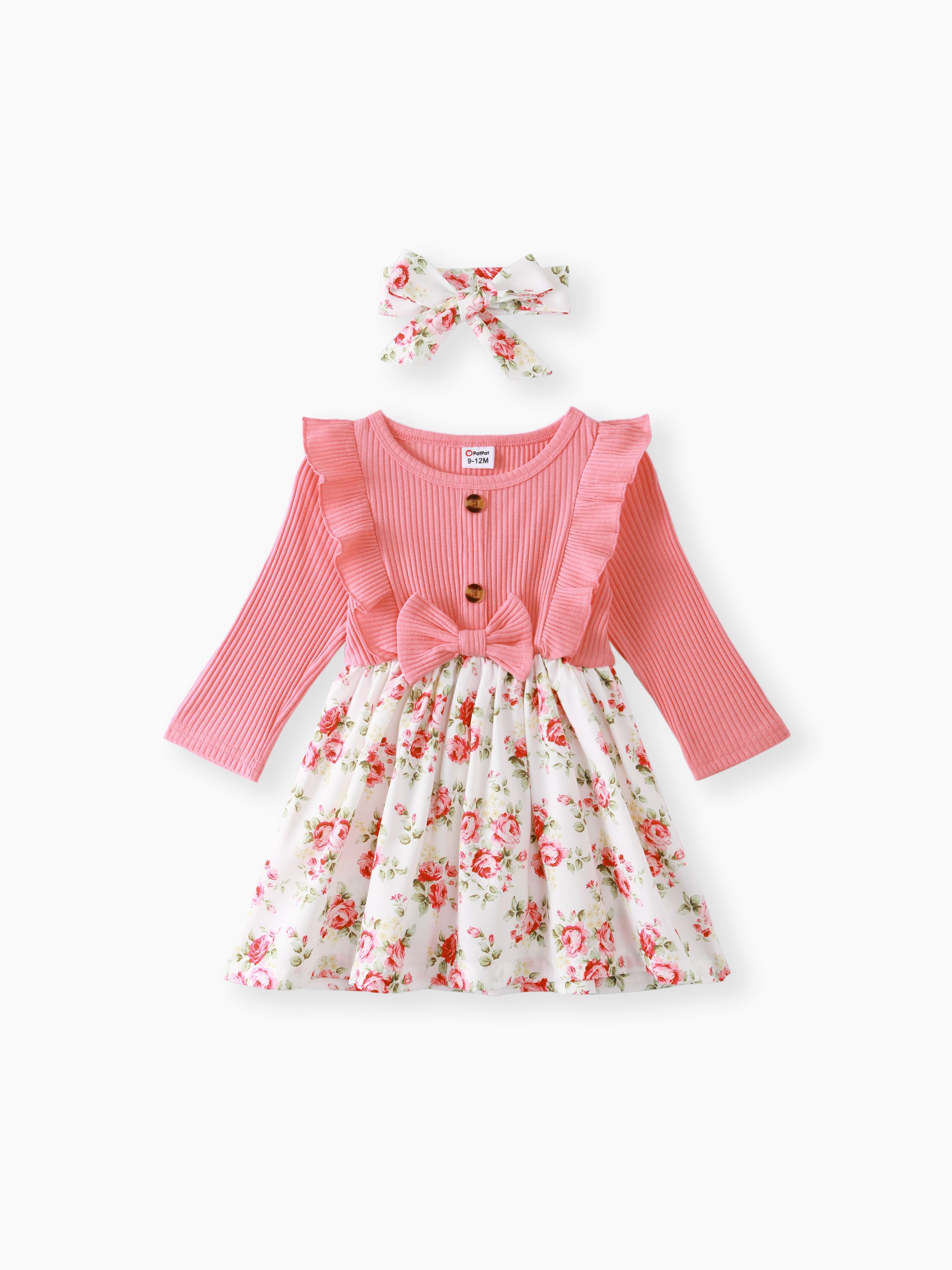 

2pcs Baby 95% Cotton Ribbed Long-sleeve Ruffle Bowknot Splicing Floral Print Dress with Headband Set