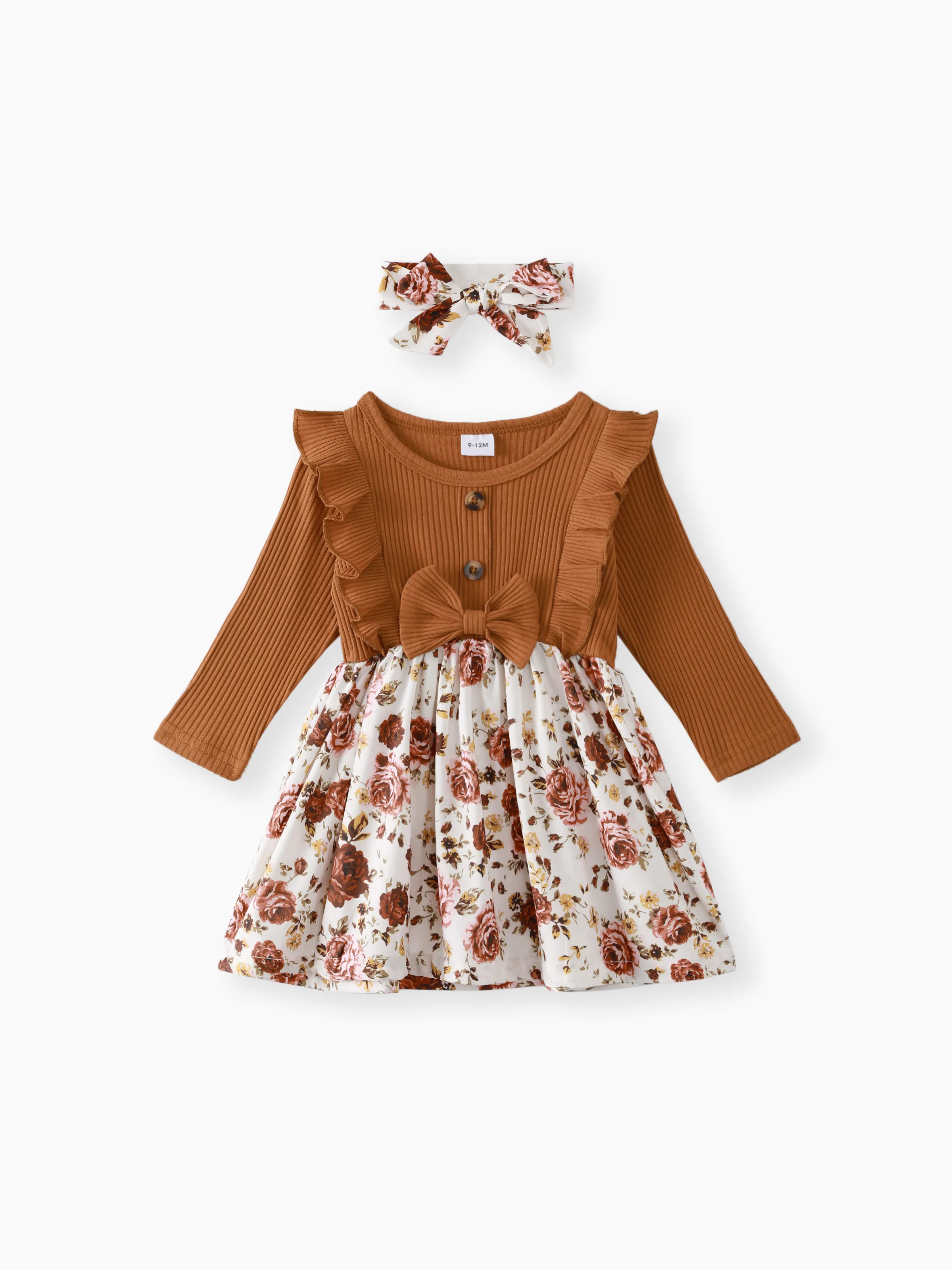 

2pcs Baby 95% Cotton Ribbed Long-sleeve Ruffle Bowknot Splicing Floral Print Dress with Headband Set