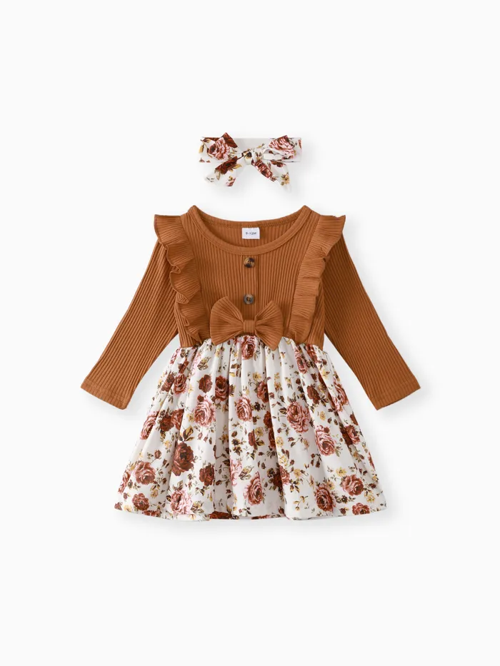 2pcs Baby 95% Cotton Ribbed Long-sleeve Ruffle Bowknot Splicing Floral Print Dress with Headband Set