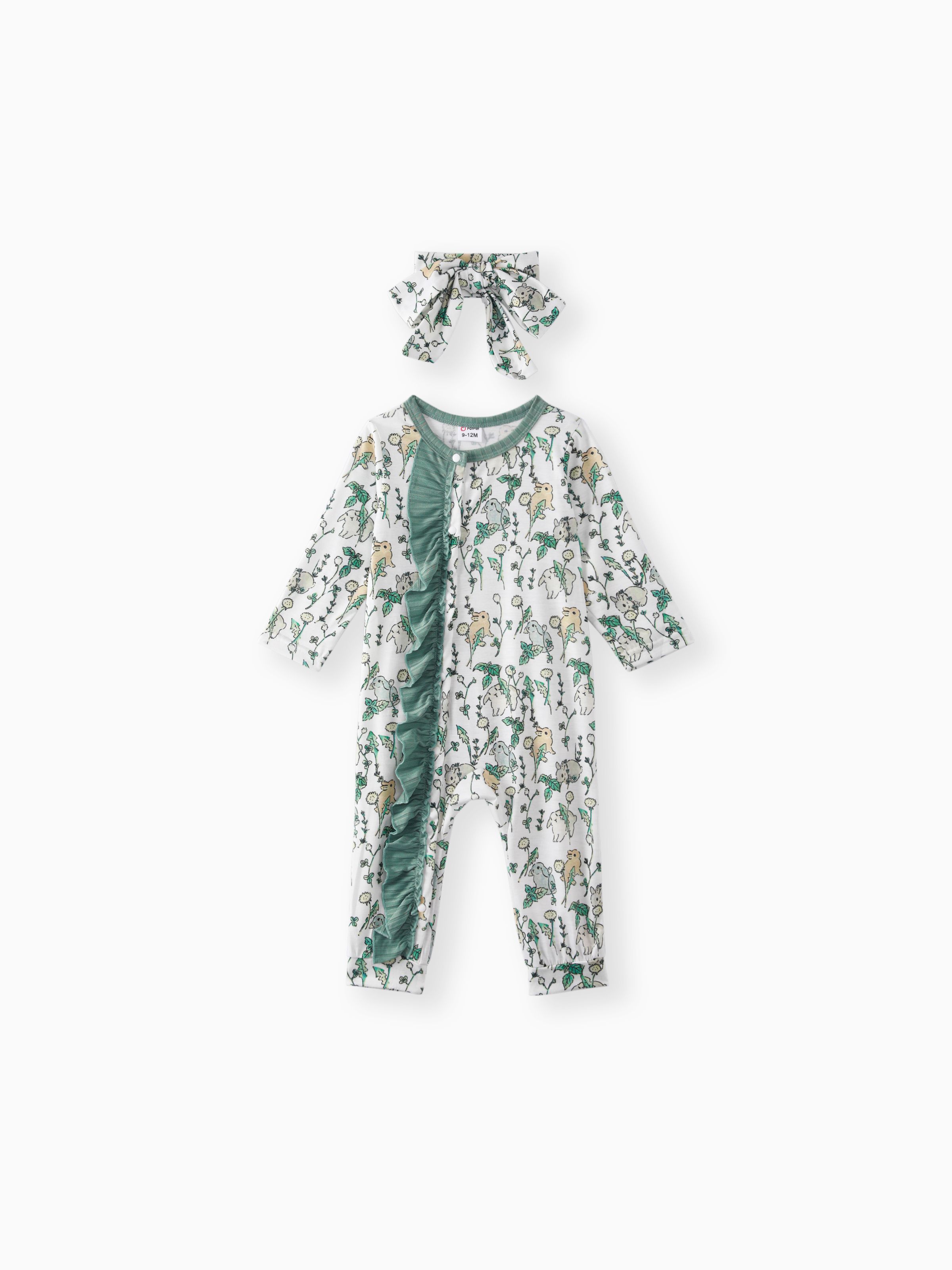 

2pcs Baby Girl Ribbed Green/White Rabbit Print Long-sleeve Ruffle Jumpsuit Set