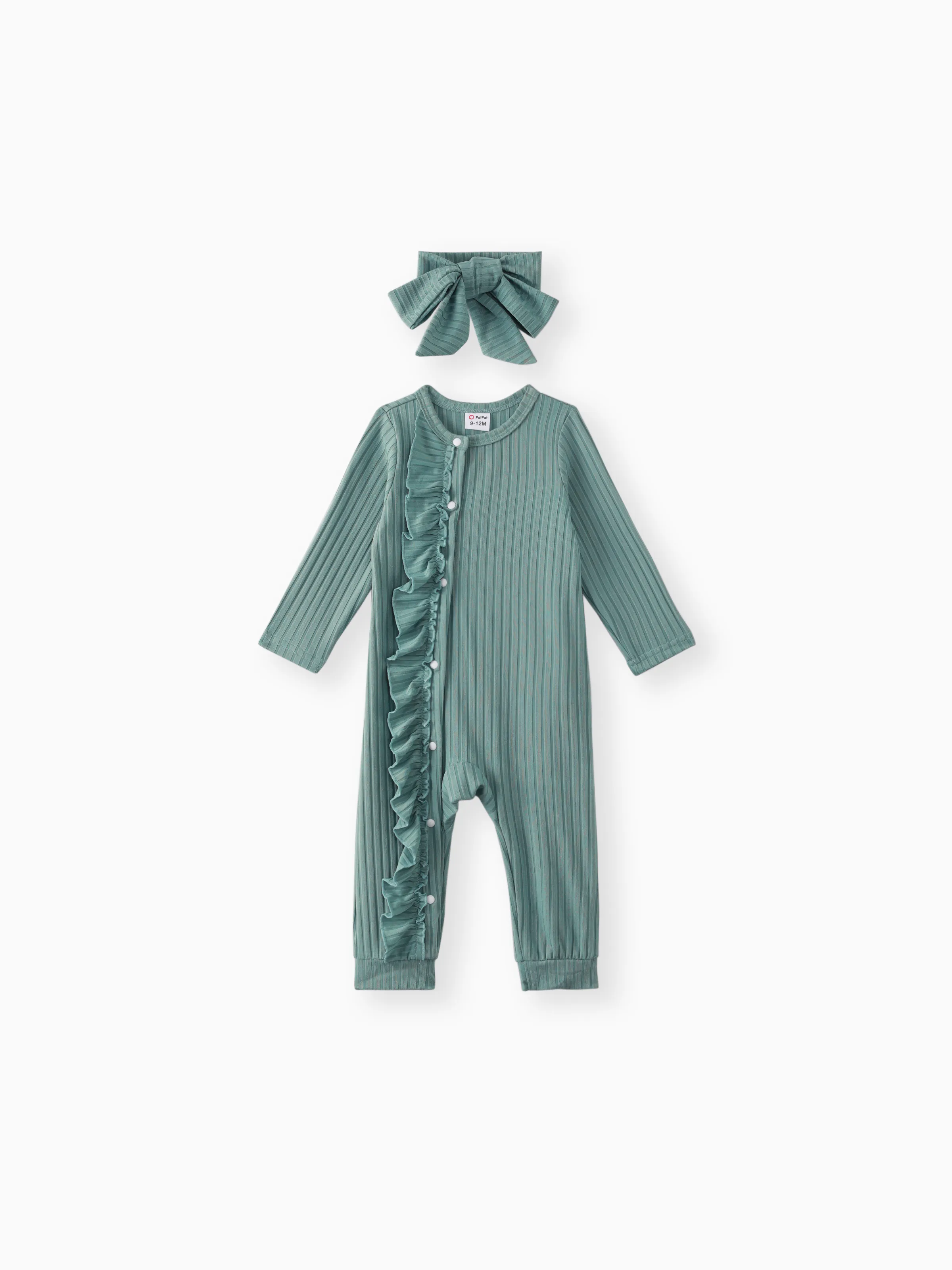 

2pcs Baby Girl Ribbed Green/White Rabbit Print Long-sleeve Ruffle Jumpsuit Set