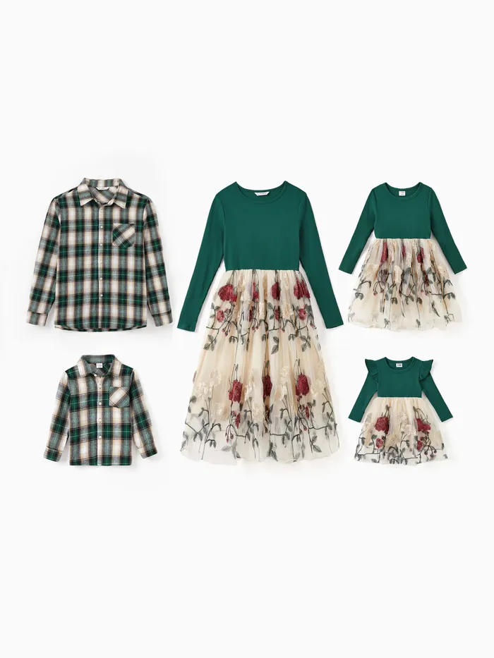 Family Matching Ribbed Embroidered Mesh Dresses and Plaid Long-sleeve Shirt Sets